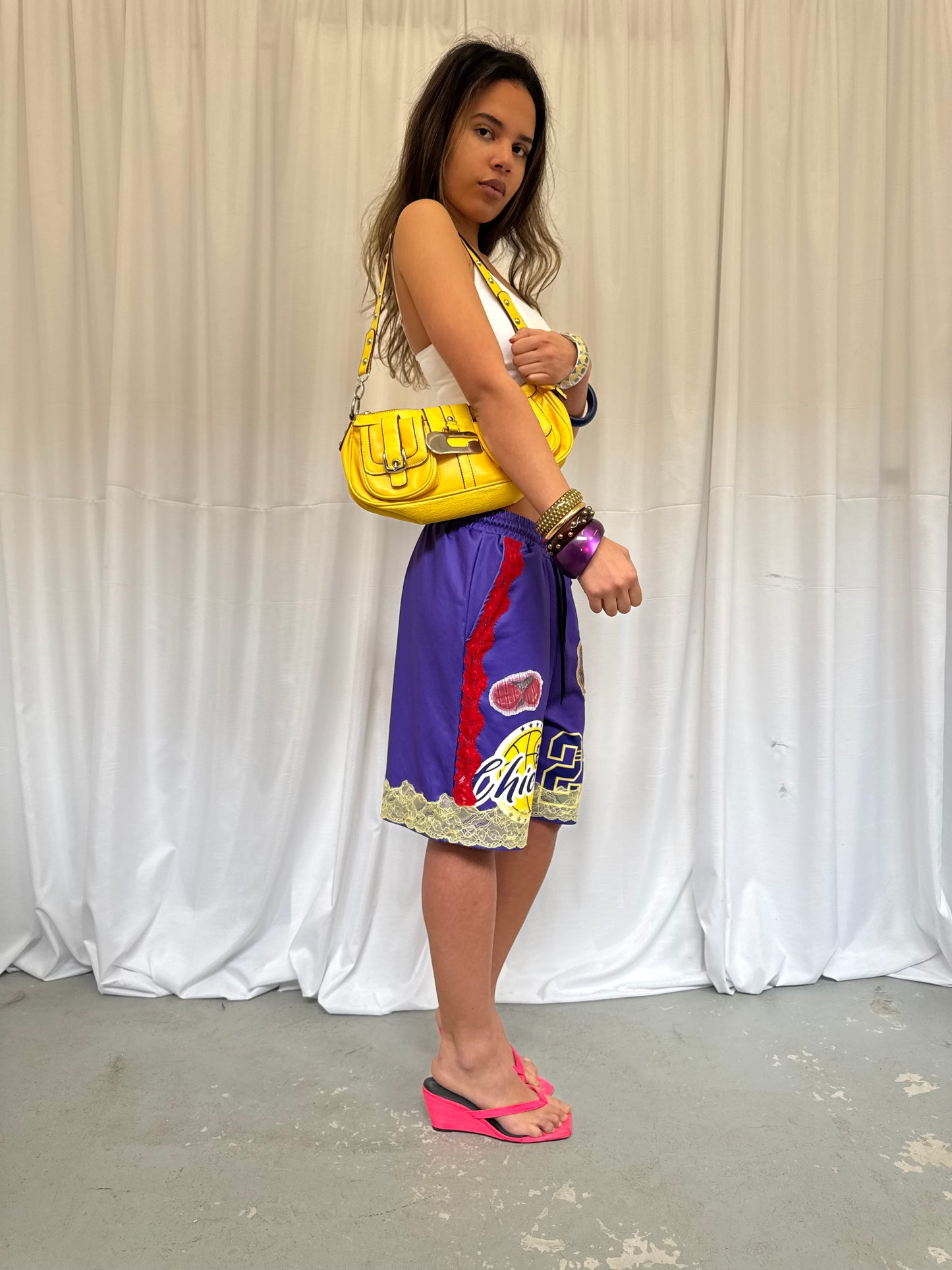 Purple Basketball Shorts with Yellow Lace Trim