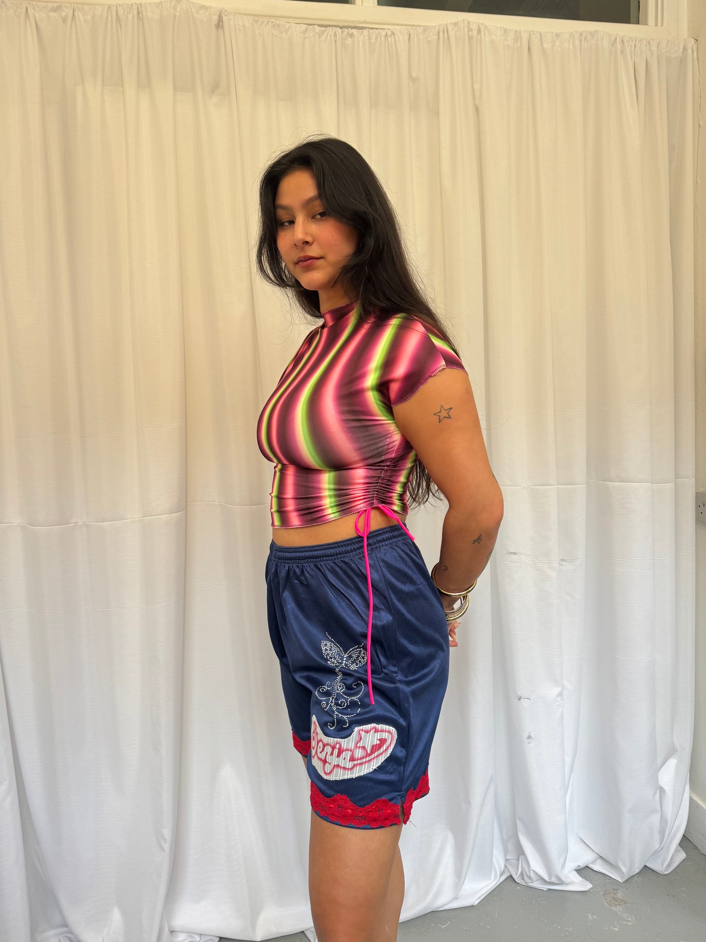 Navy Blue Shorts with Red Lace Trim