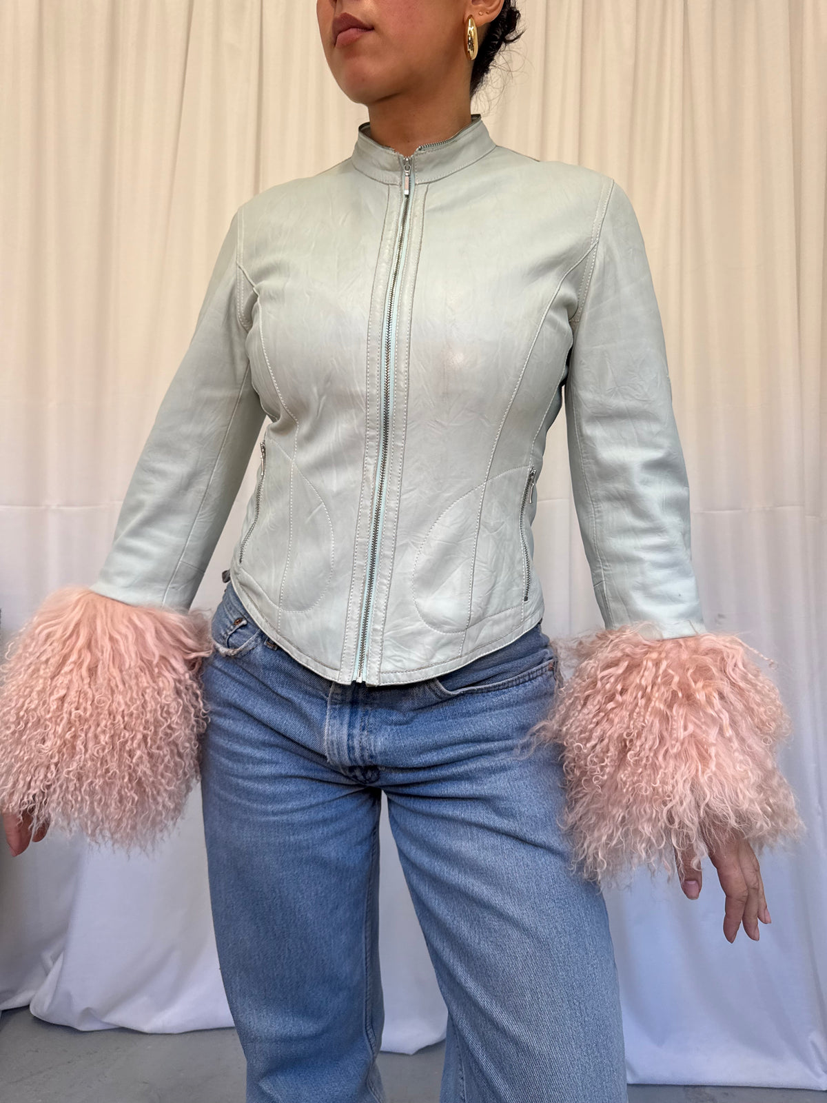 Mint Green Leather Jacket with Pink