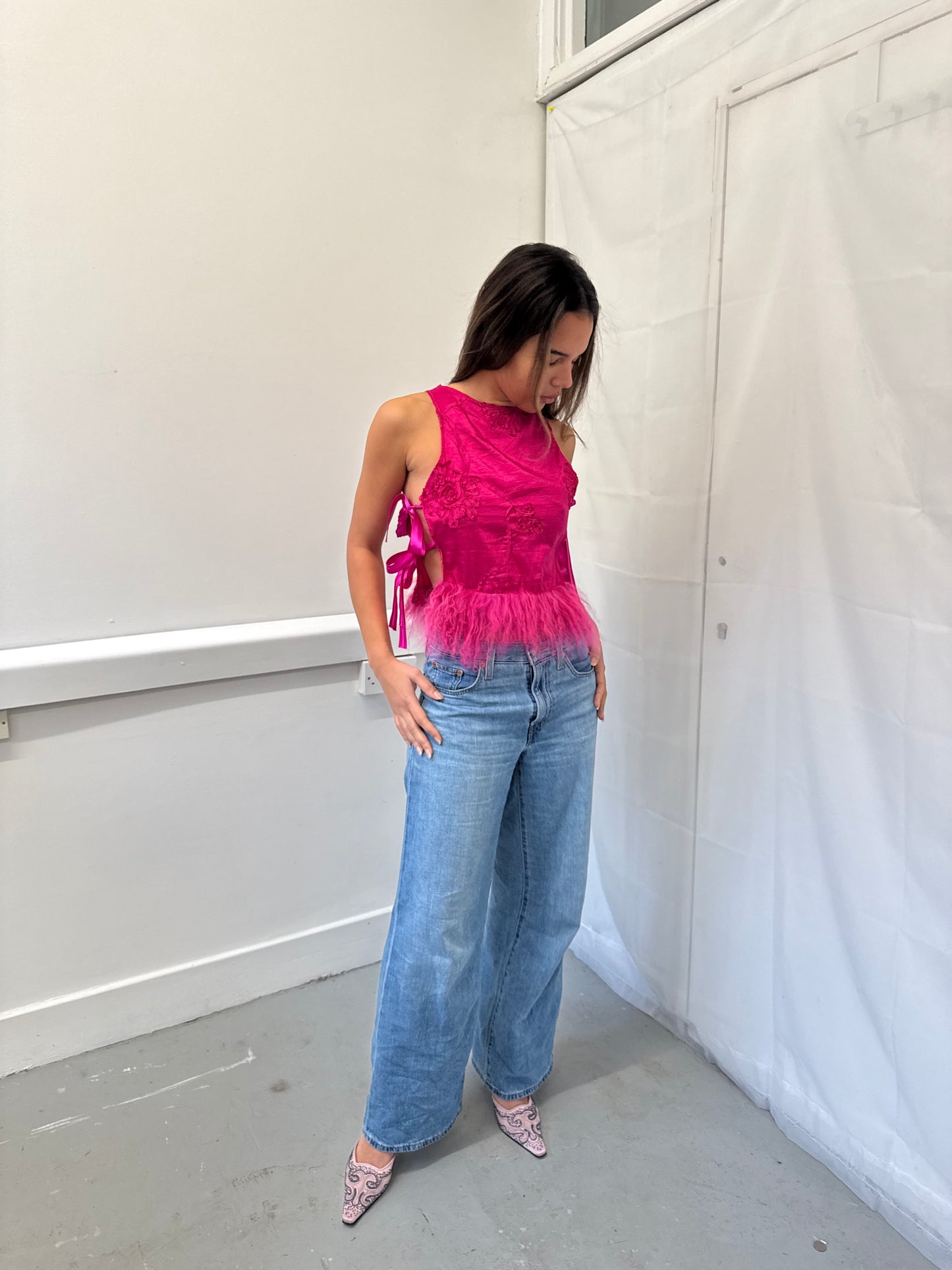 Pink Fluffy Trim Top