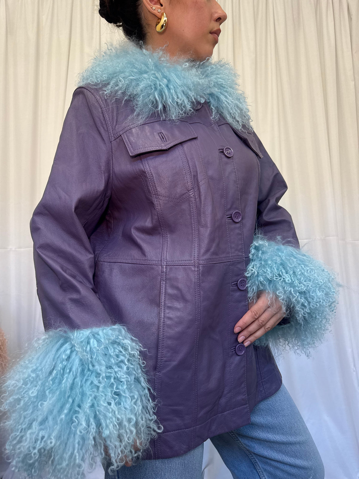 Purple Leather Jacket with Blue