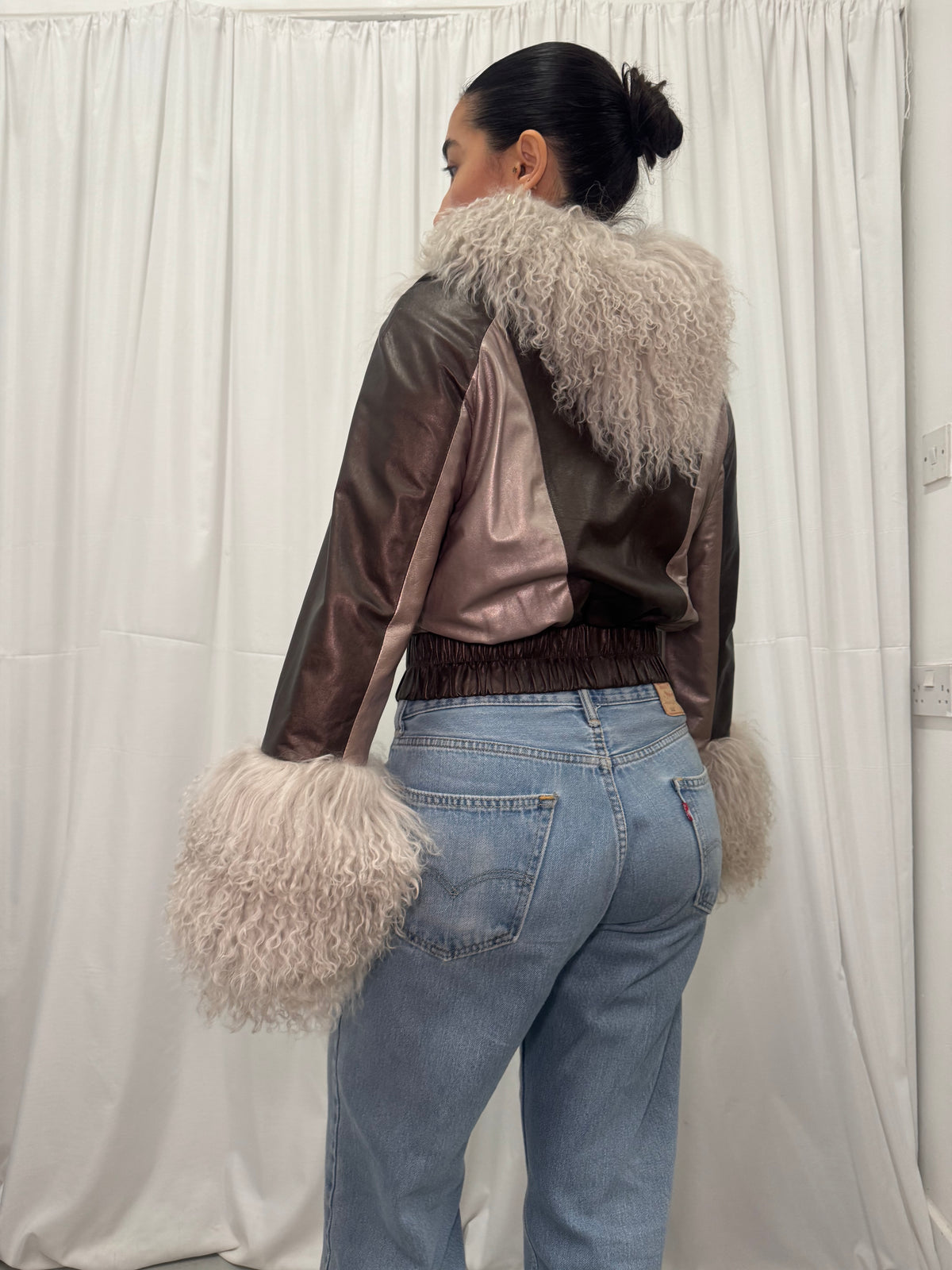 Grey + Brown Metallic Leather Bomber Jacket