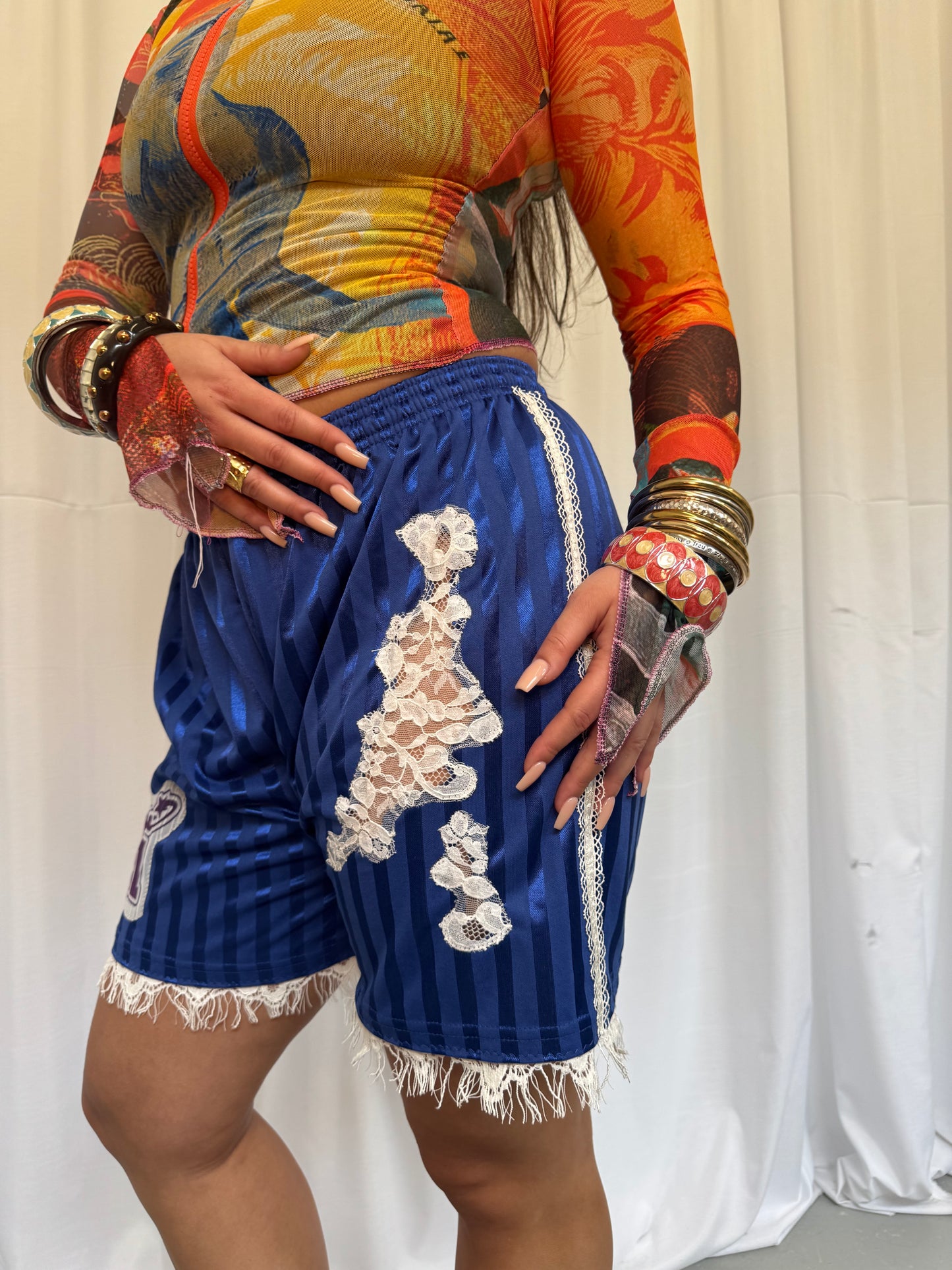 Blue Shorts with White Lace Trim