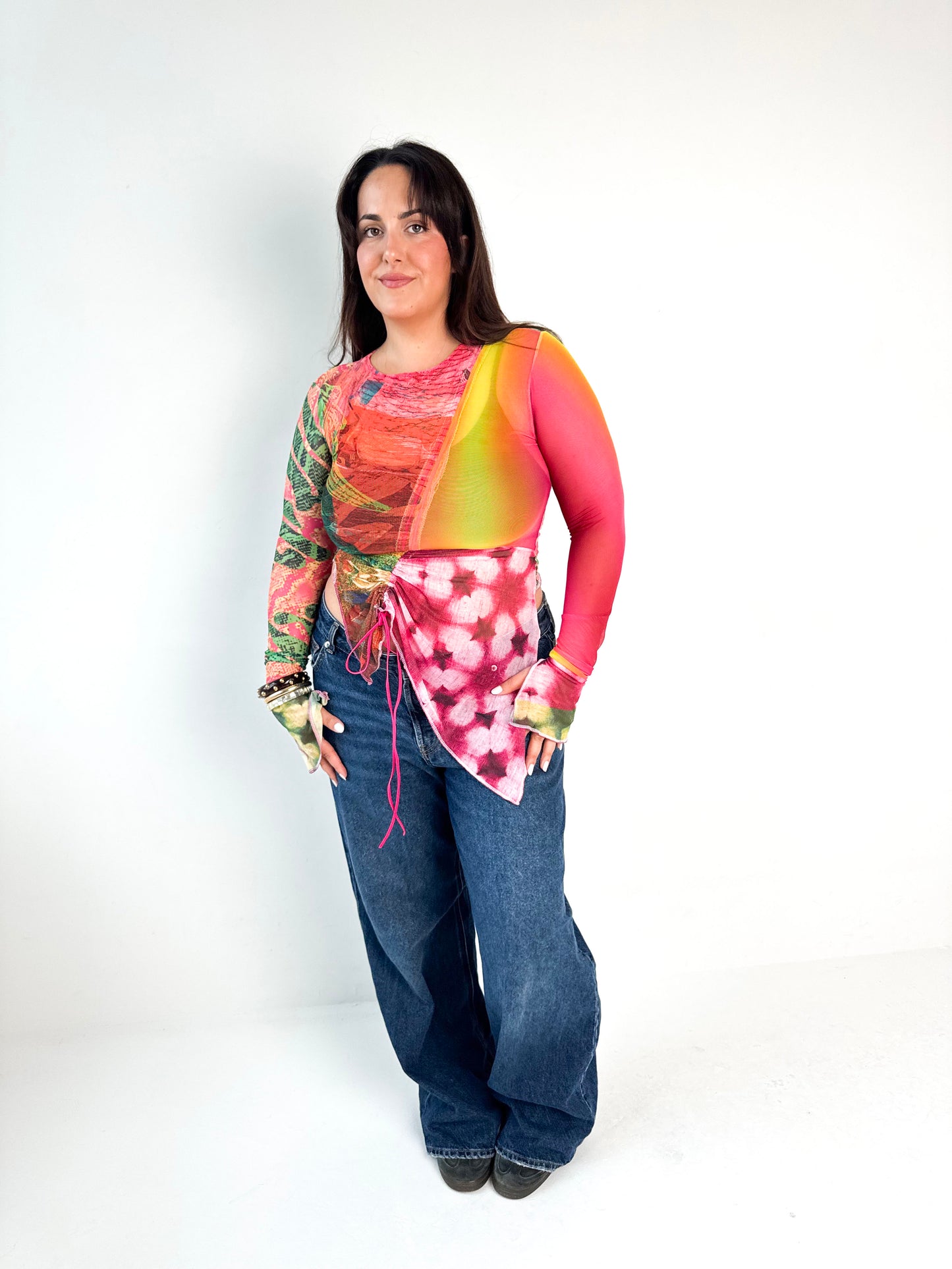 Patchwork Mesh Ruche Top - Large