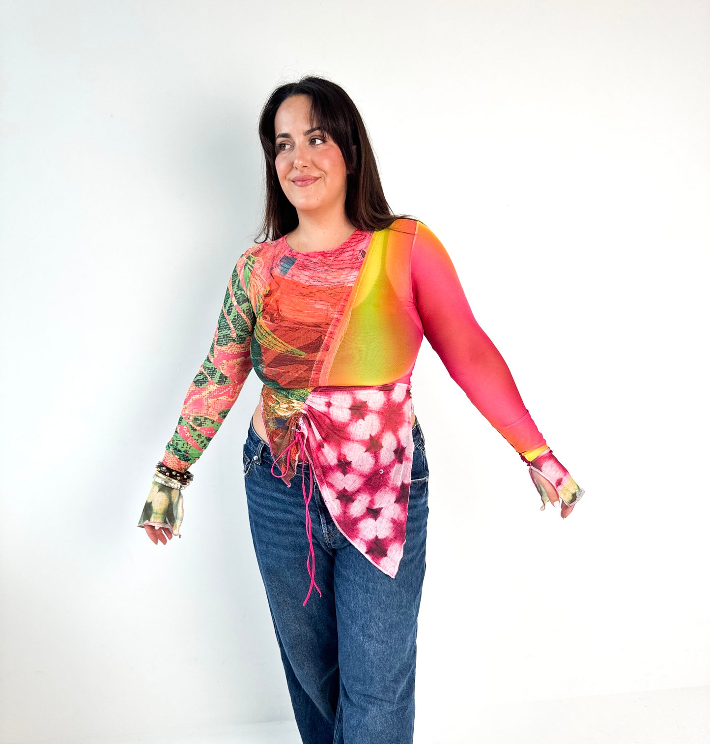 Patchwork Mesh Ruche Top - Large