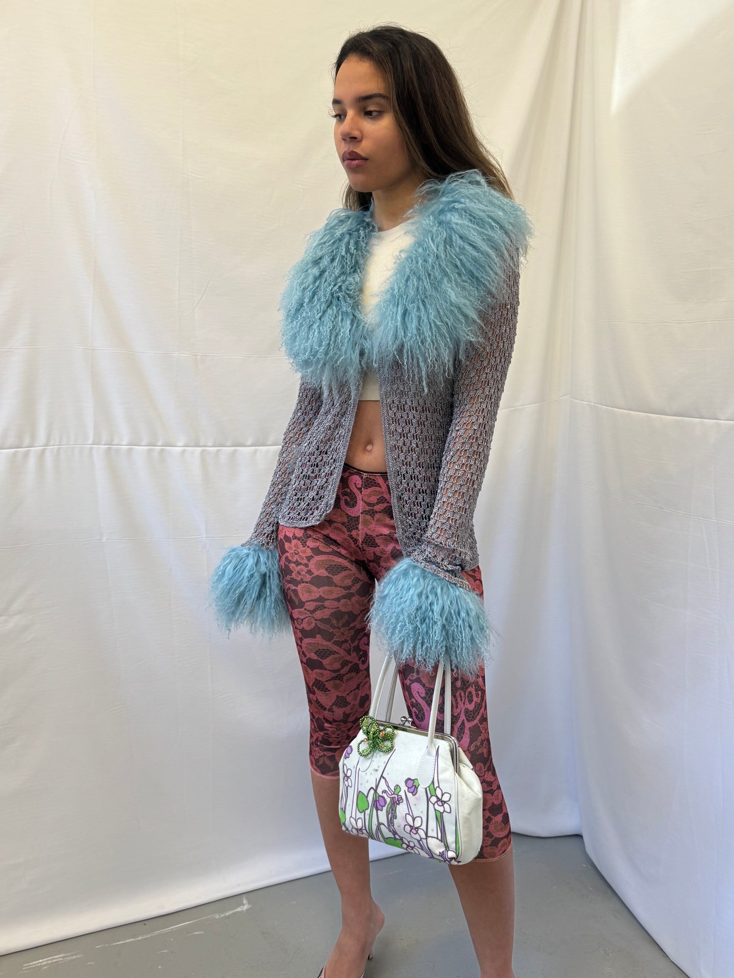 Silver Crochet Cardigan with Blue Mongolian Wool Trims