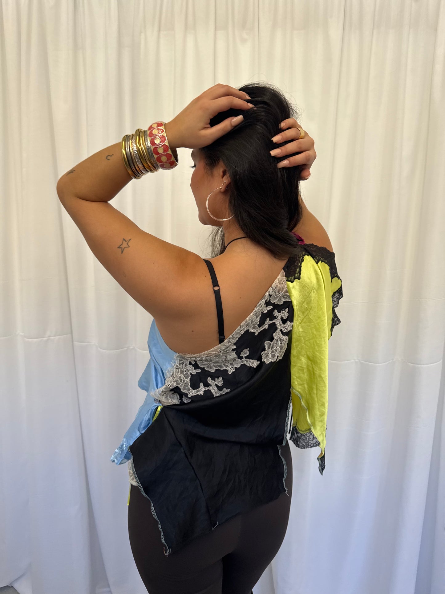 Upcycled Lime Green and Black Lace Top