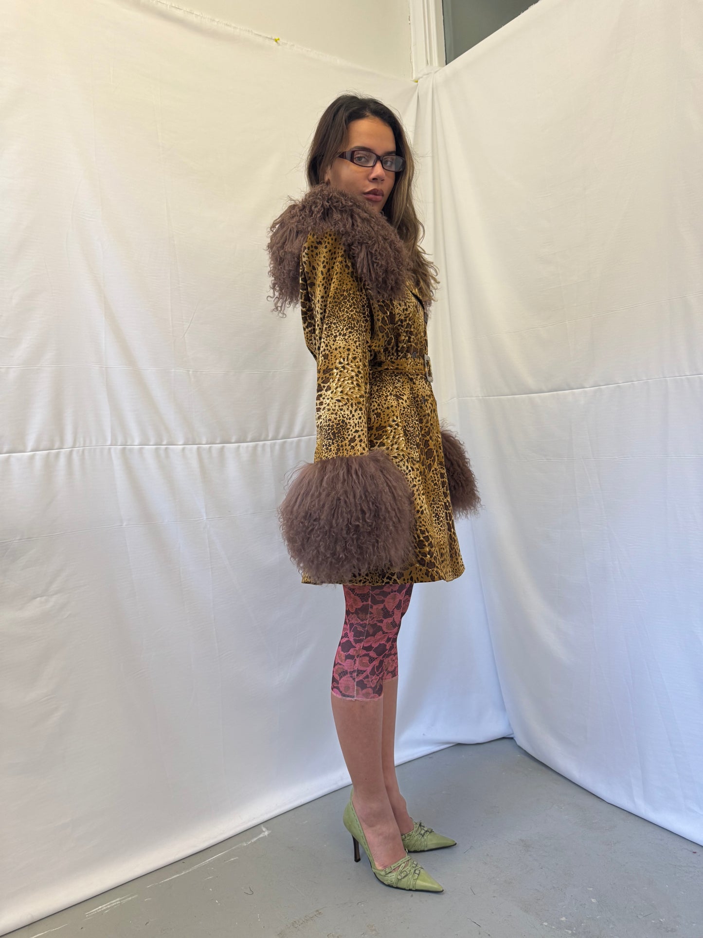 Leopard Print Trench Coat with Brown Mongolian Trims