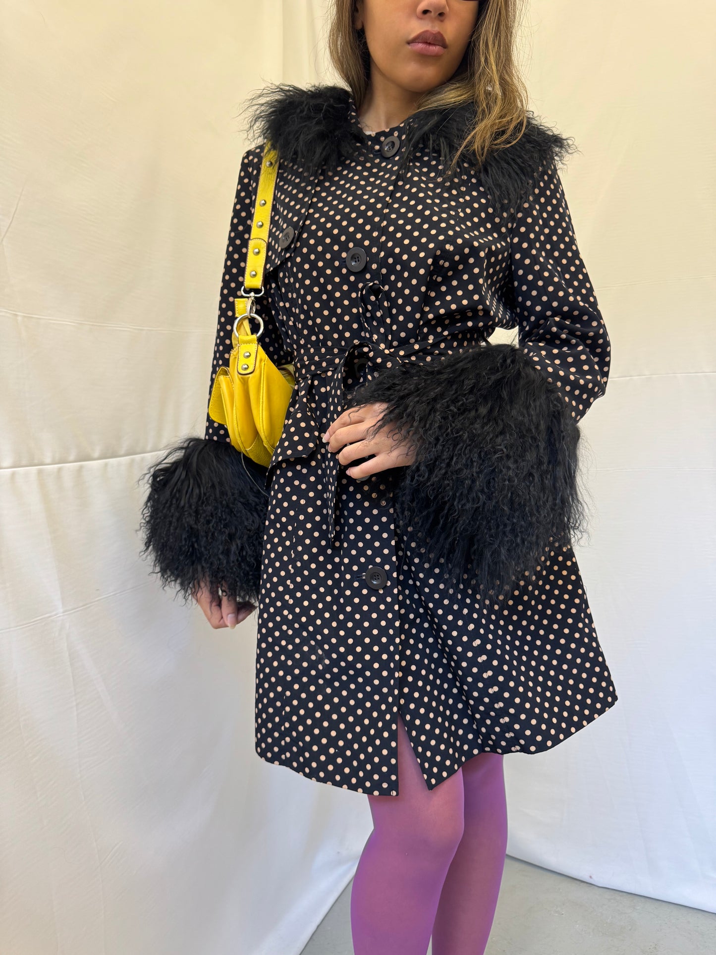 Polka Dot Trench Coat with Black Mongolian Trims