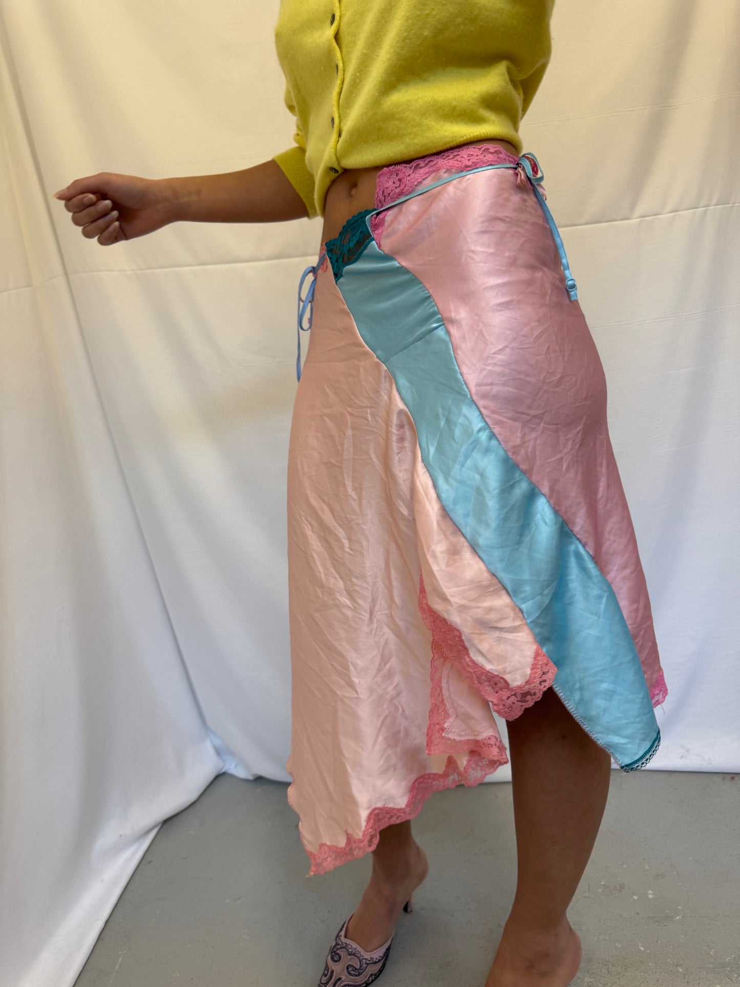 Upcycled blue and pink slip skirt