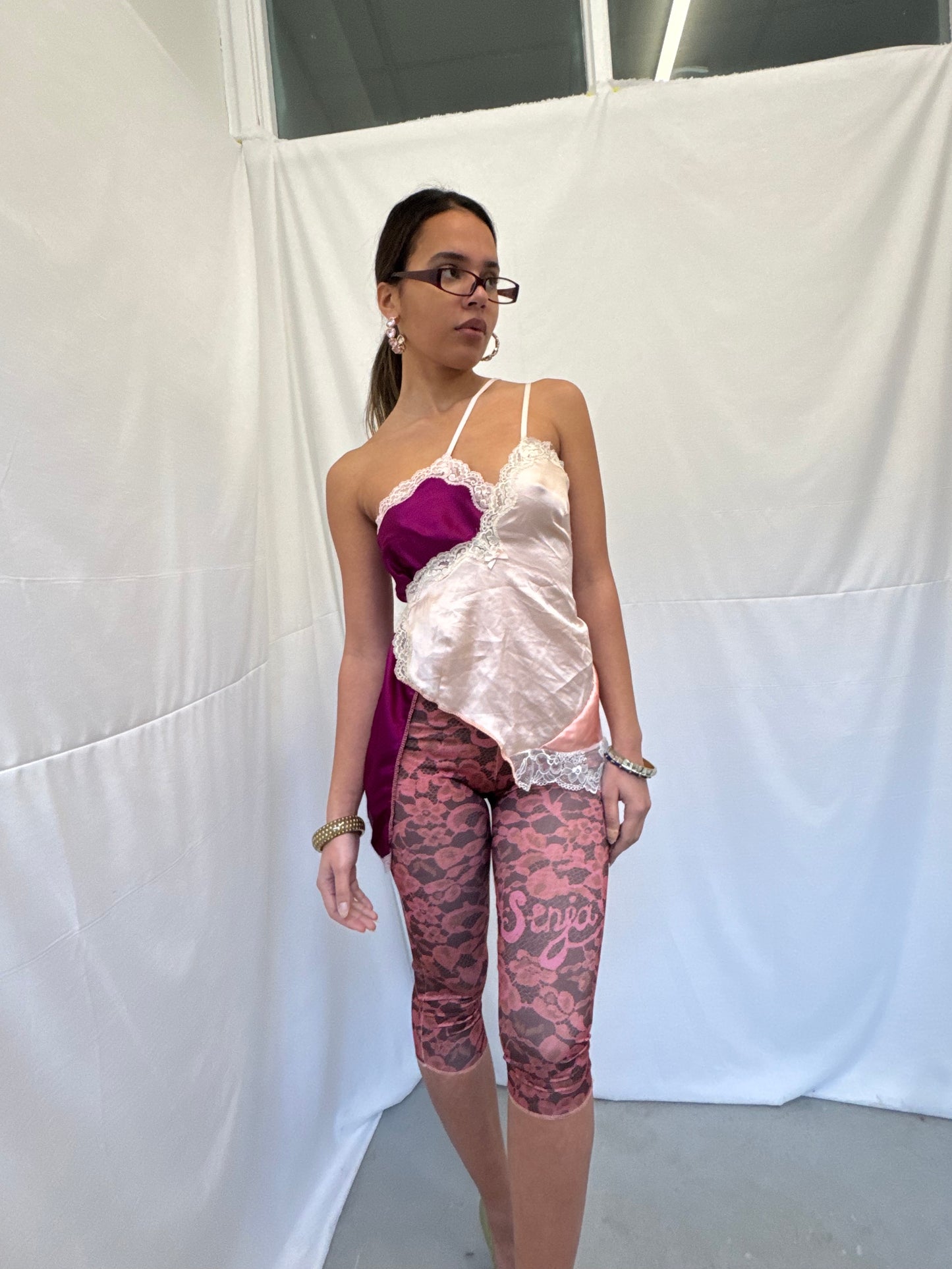 Upcycled purple and baby pink asymmetric top