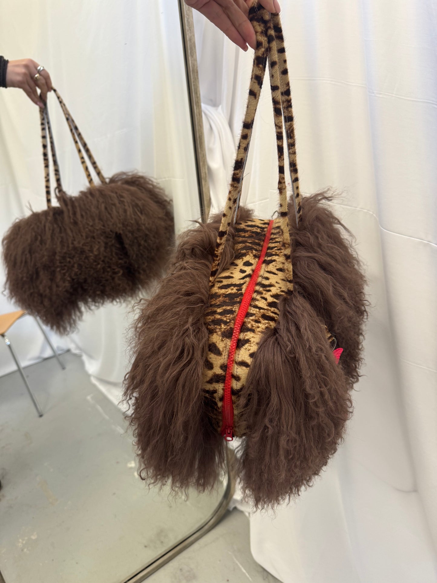 Brown Mongolian Wool Bowler Bag with Leopard Print Leather