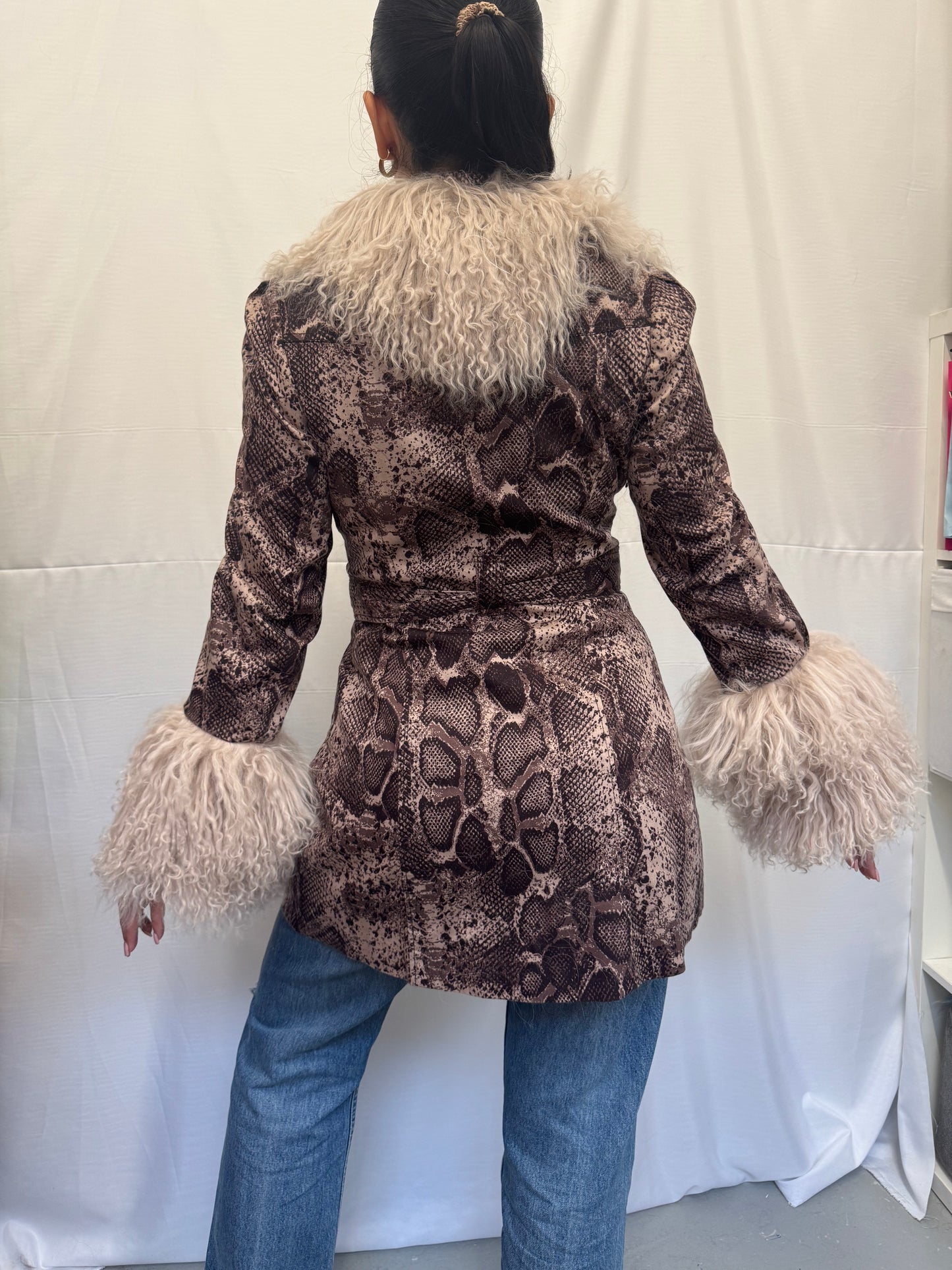 Snake Skin Trench Coat with Oyster Grey Mongolian Trims