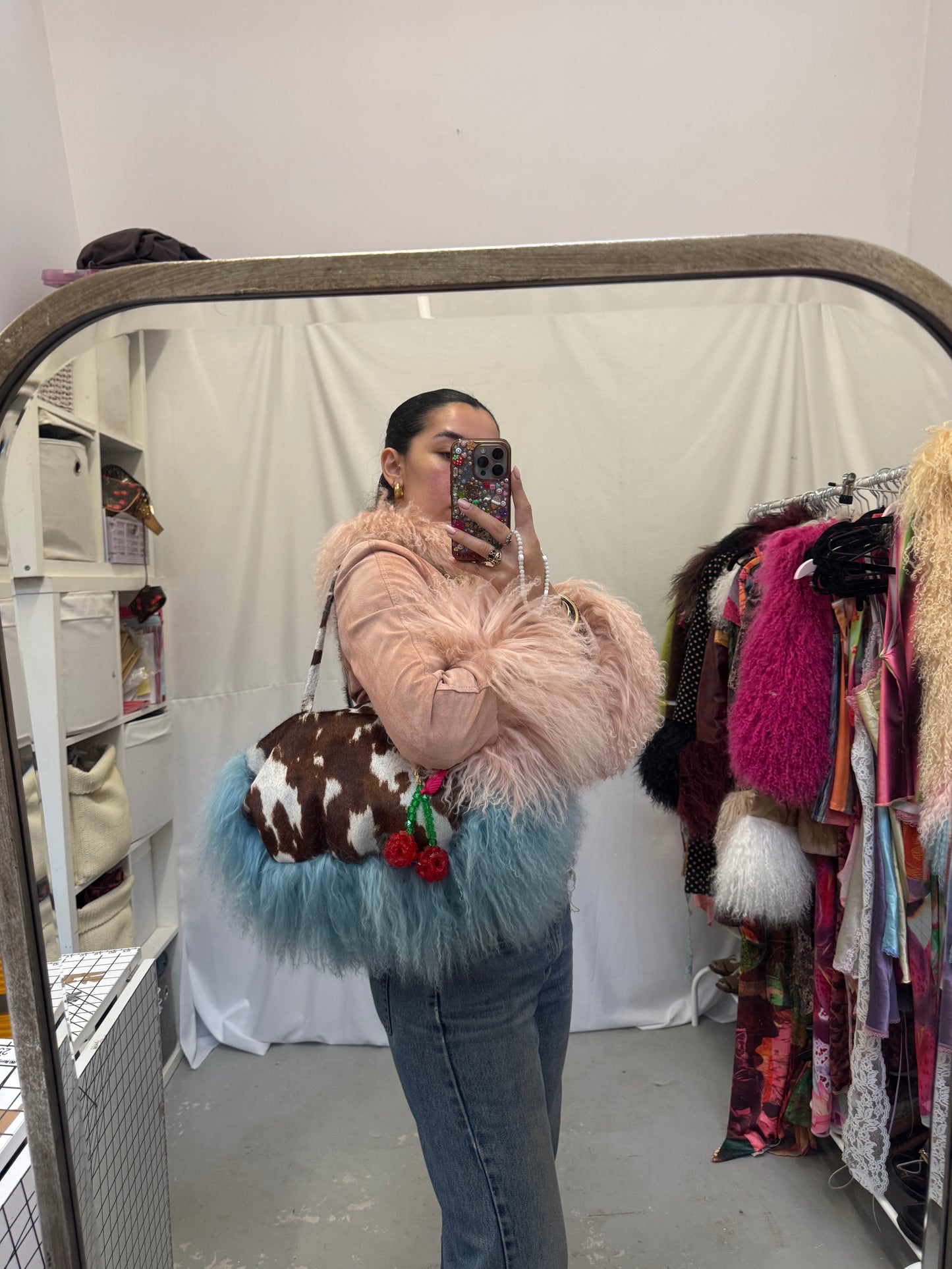 Blue Mongolian Wool Bowler Bag with Cow Print Leather 2