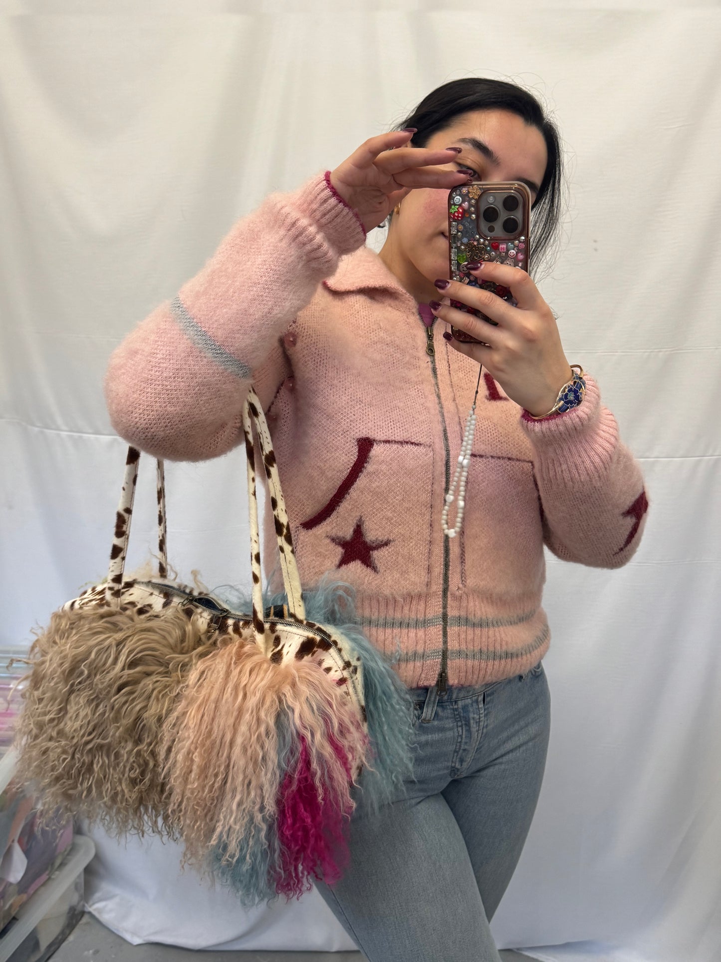 The Blue Patchwork Mongolian Wool Bowler Bag