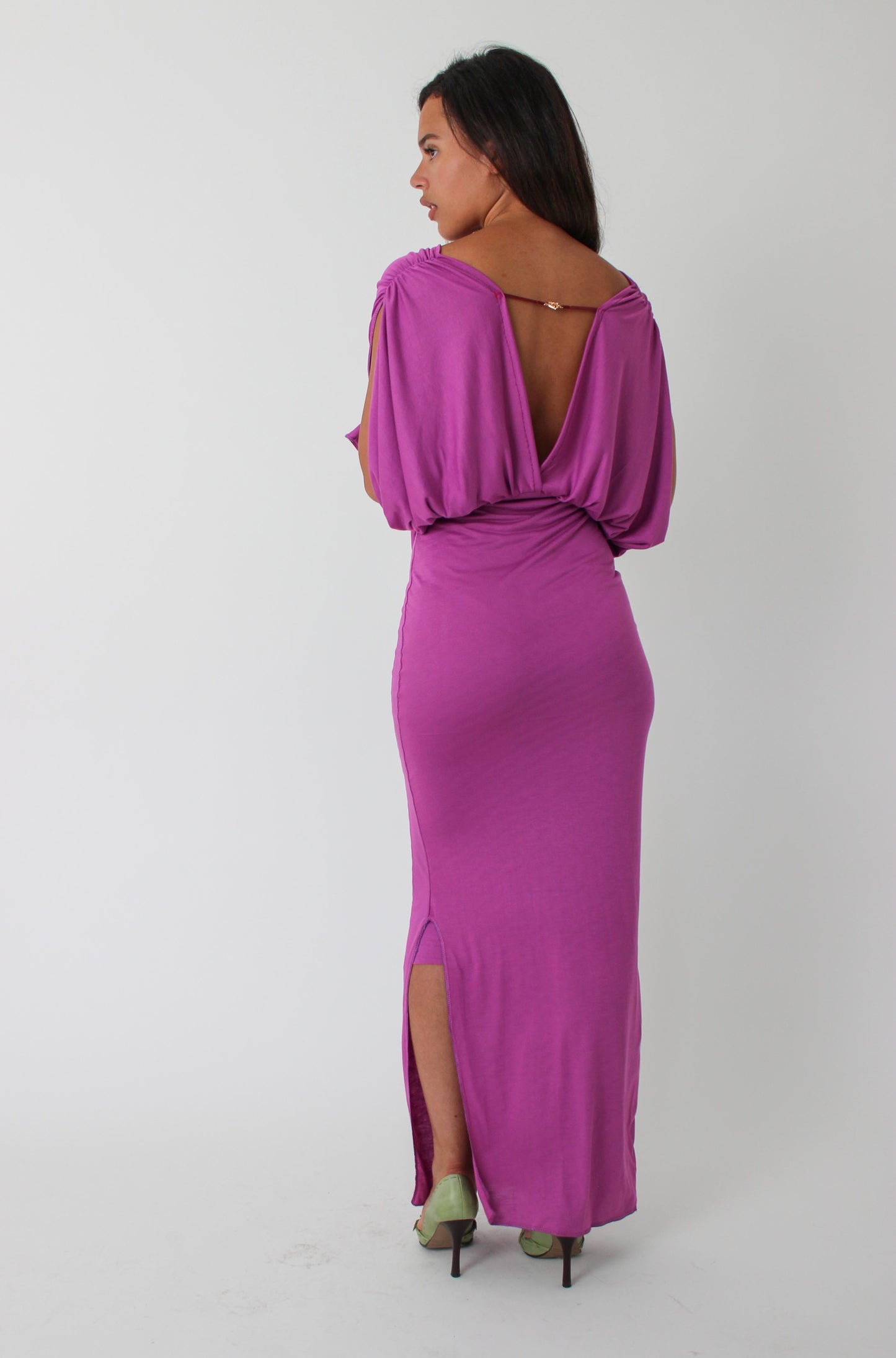 Purple Long-sleeve Drape Maxi Dress