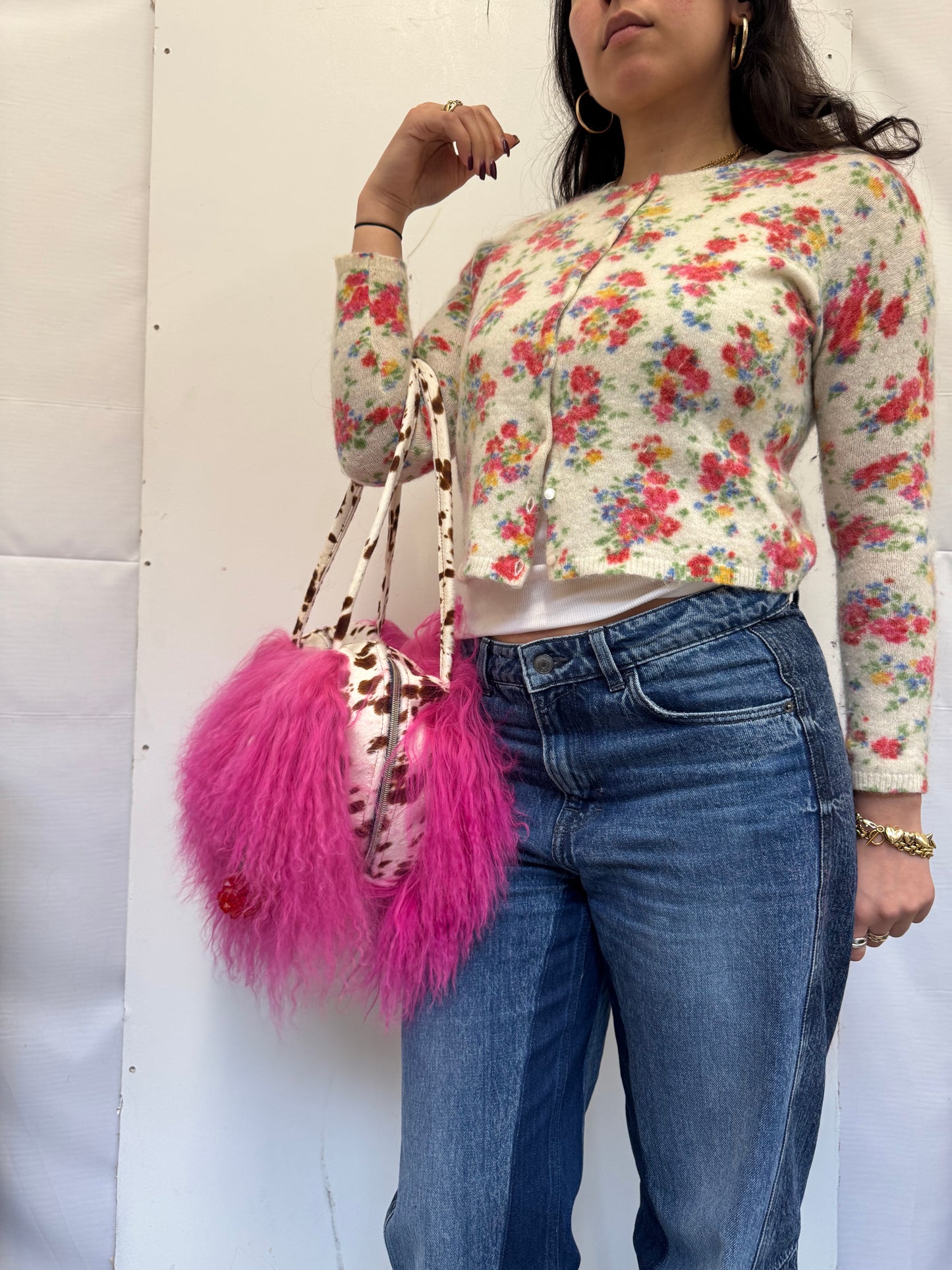The Hot Pink & Deer Print Mongolian Wool Bowler Bag