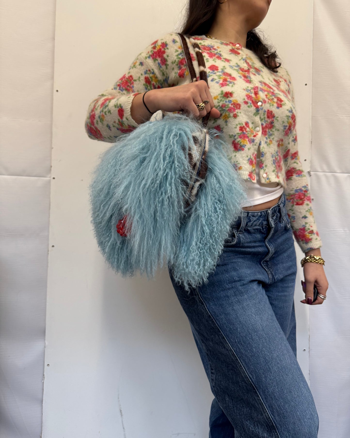 The Blue & Cow Print Mongolian Wool Bowler Bag
