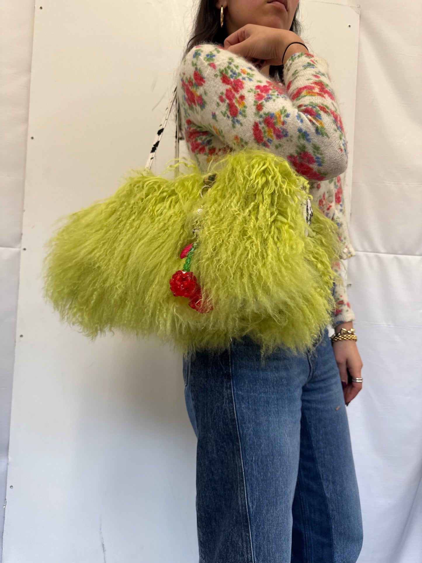The Lime Green & Dalmatian Mongolian Wool Bowler Bag