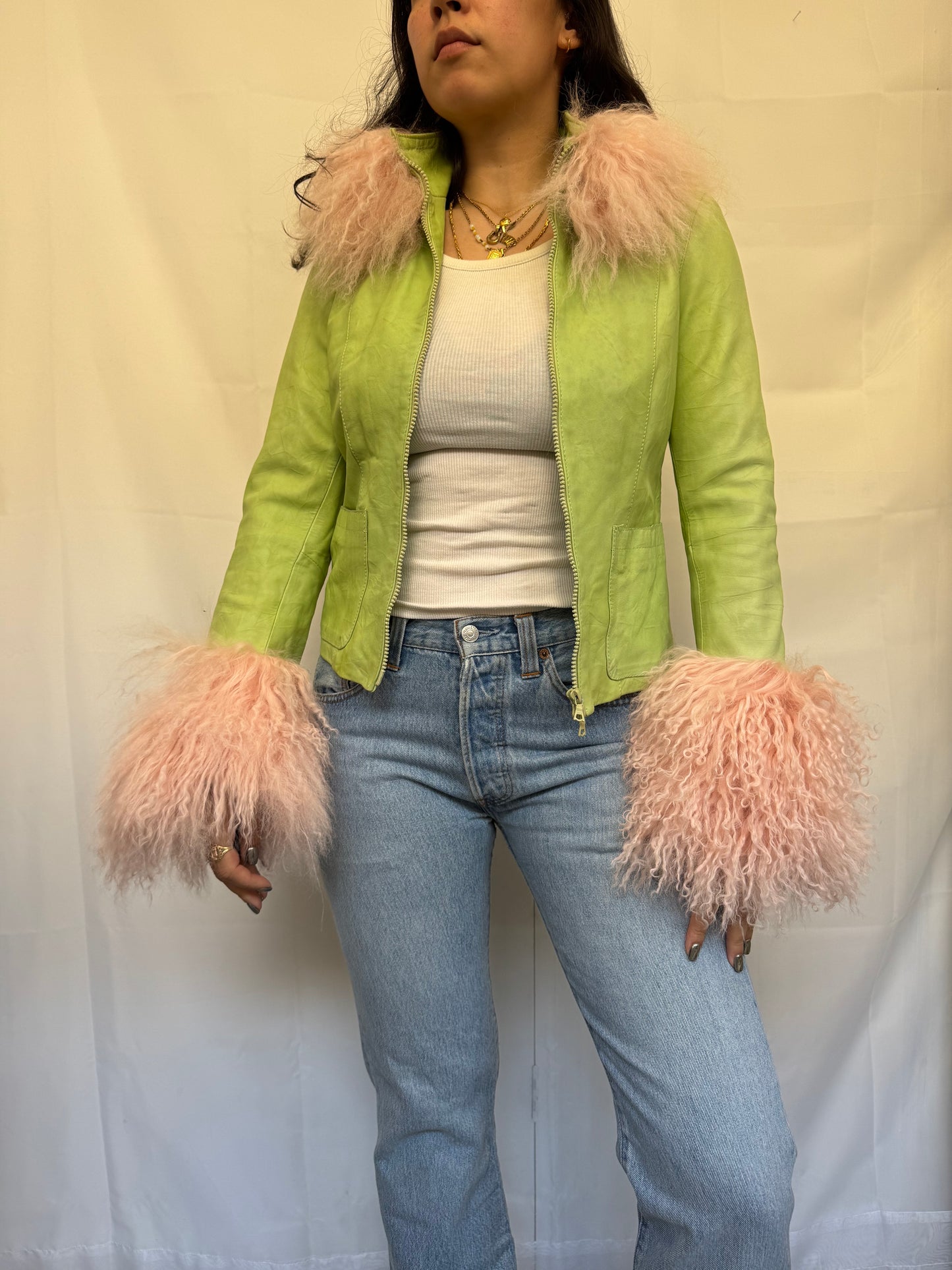 Green and Baby Pink Leather Jacket