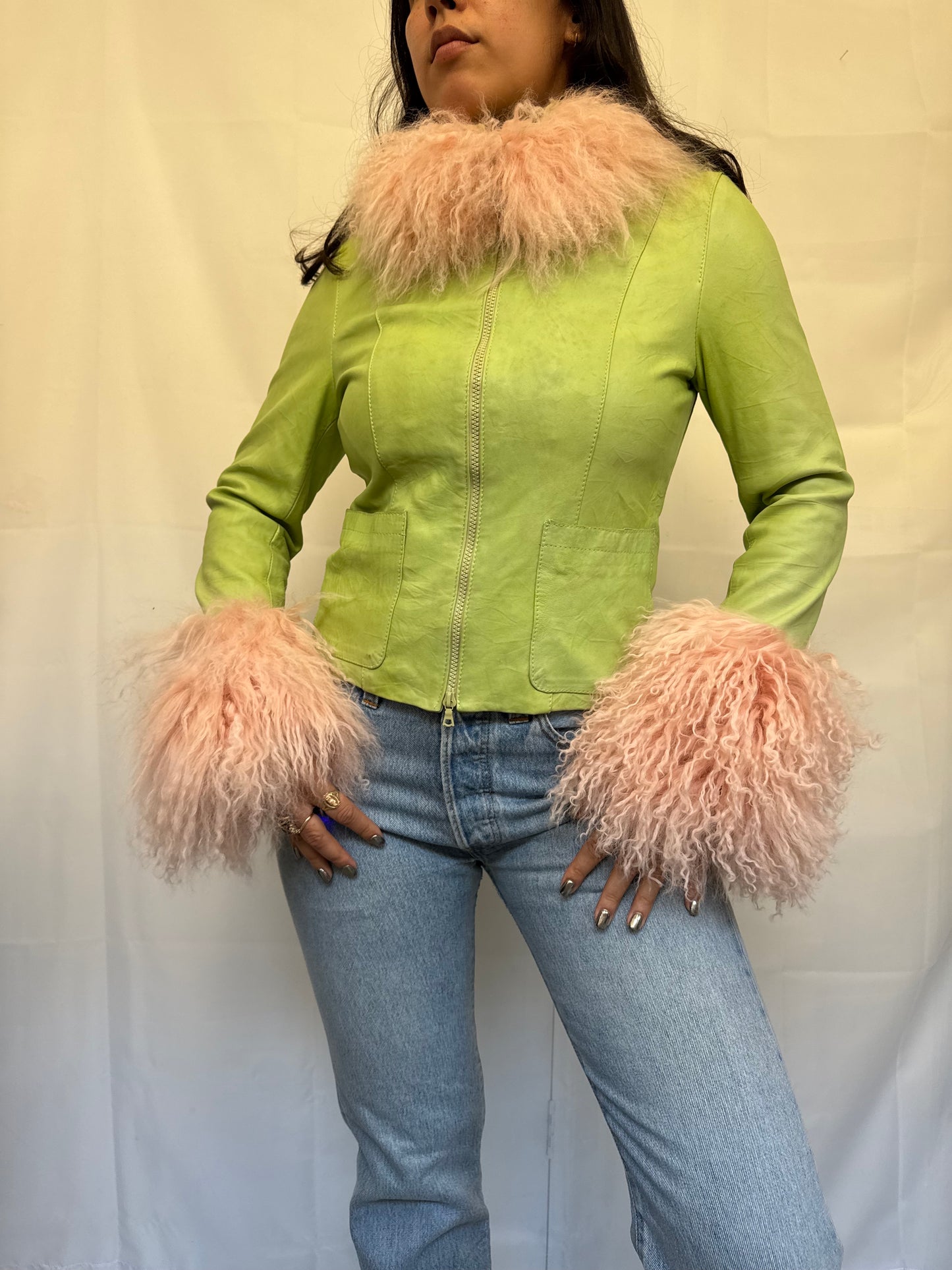 Green and Baby Pink Leather Jacket