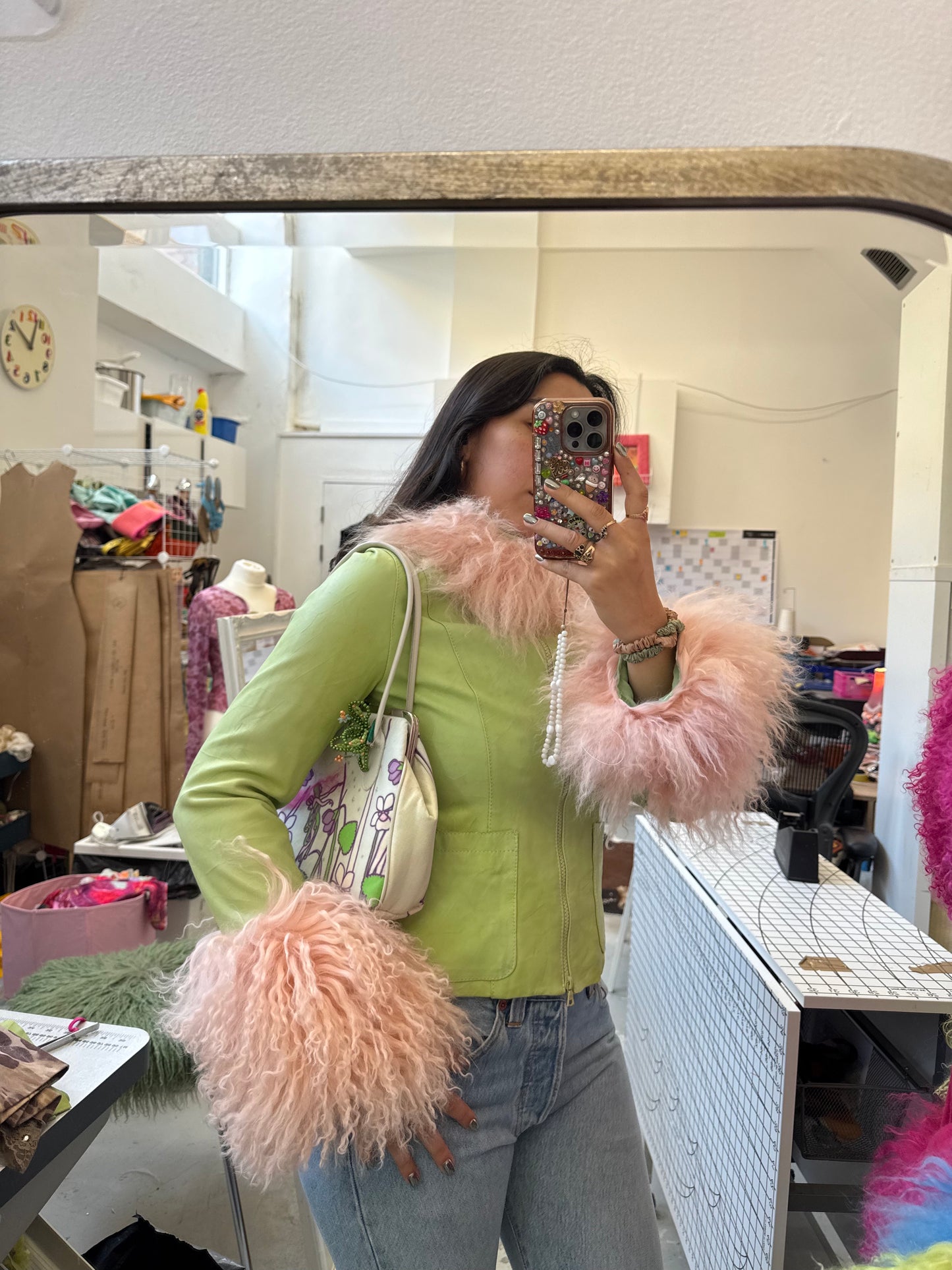 Green and Baby Pink Leather Jacket