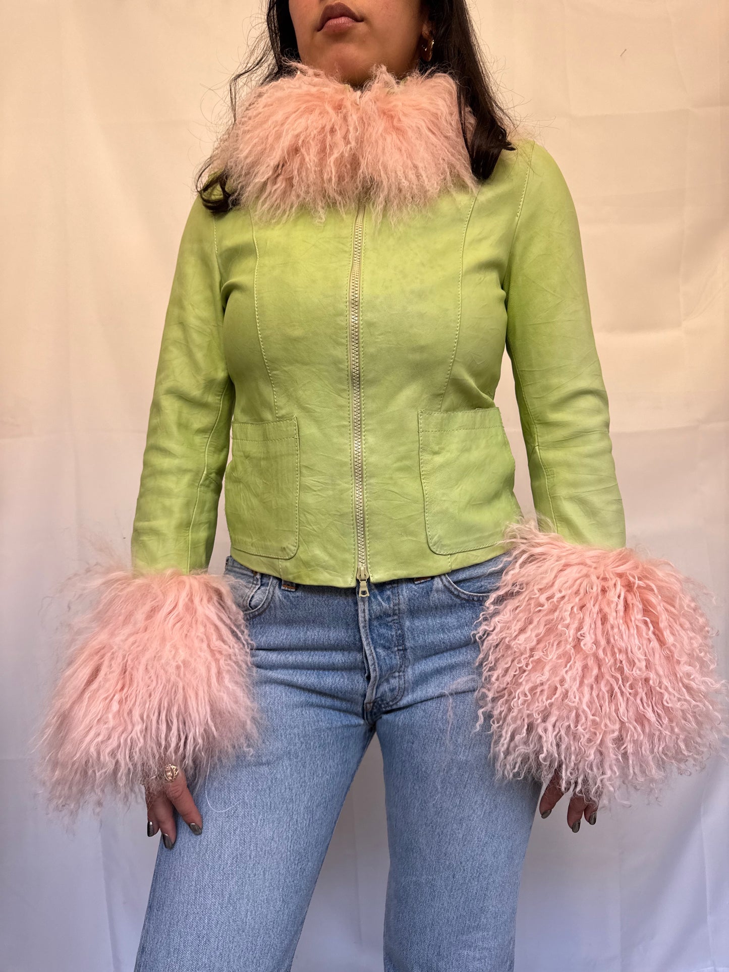 Green and Baby Pink Leather Jacket