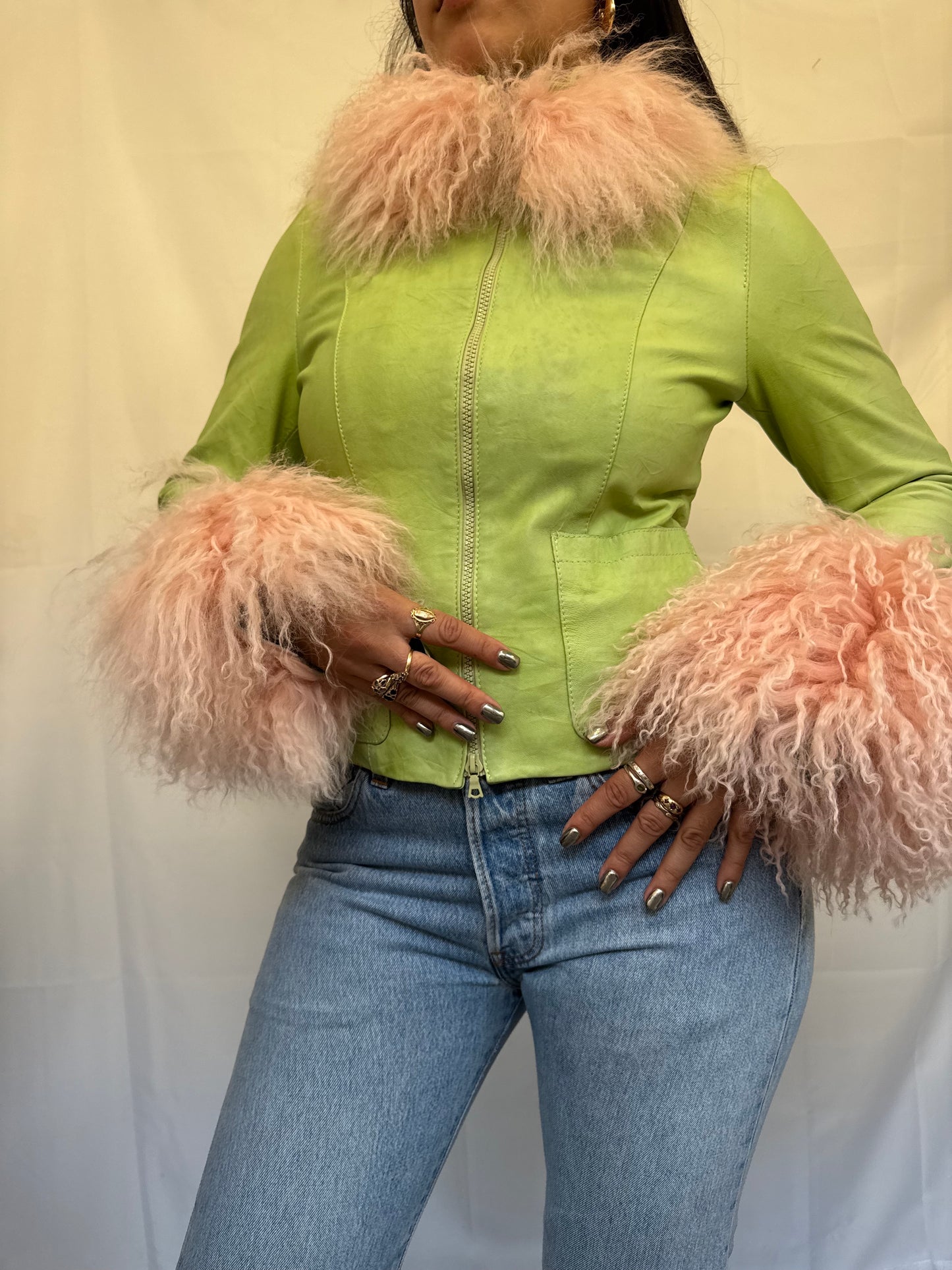 Green and Baby Pink Leather Jacket