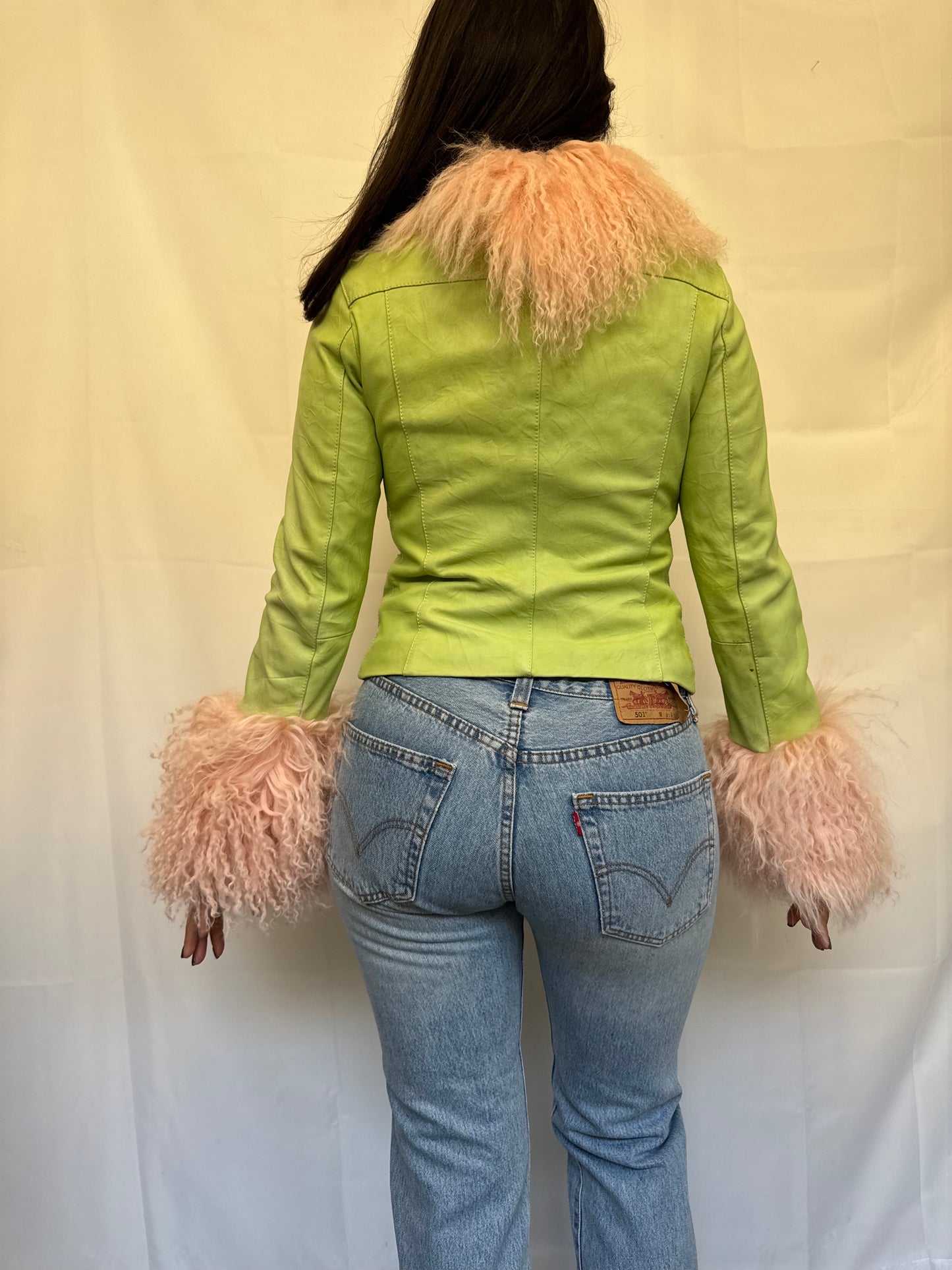 Green and Baby Pink Leather Jacket