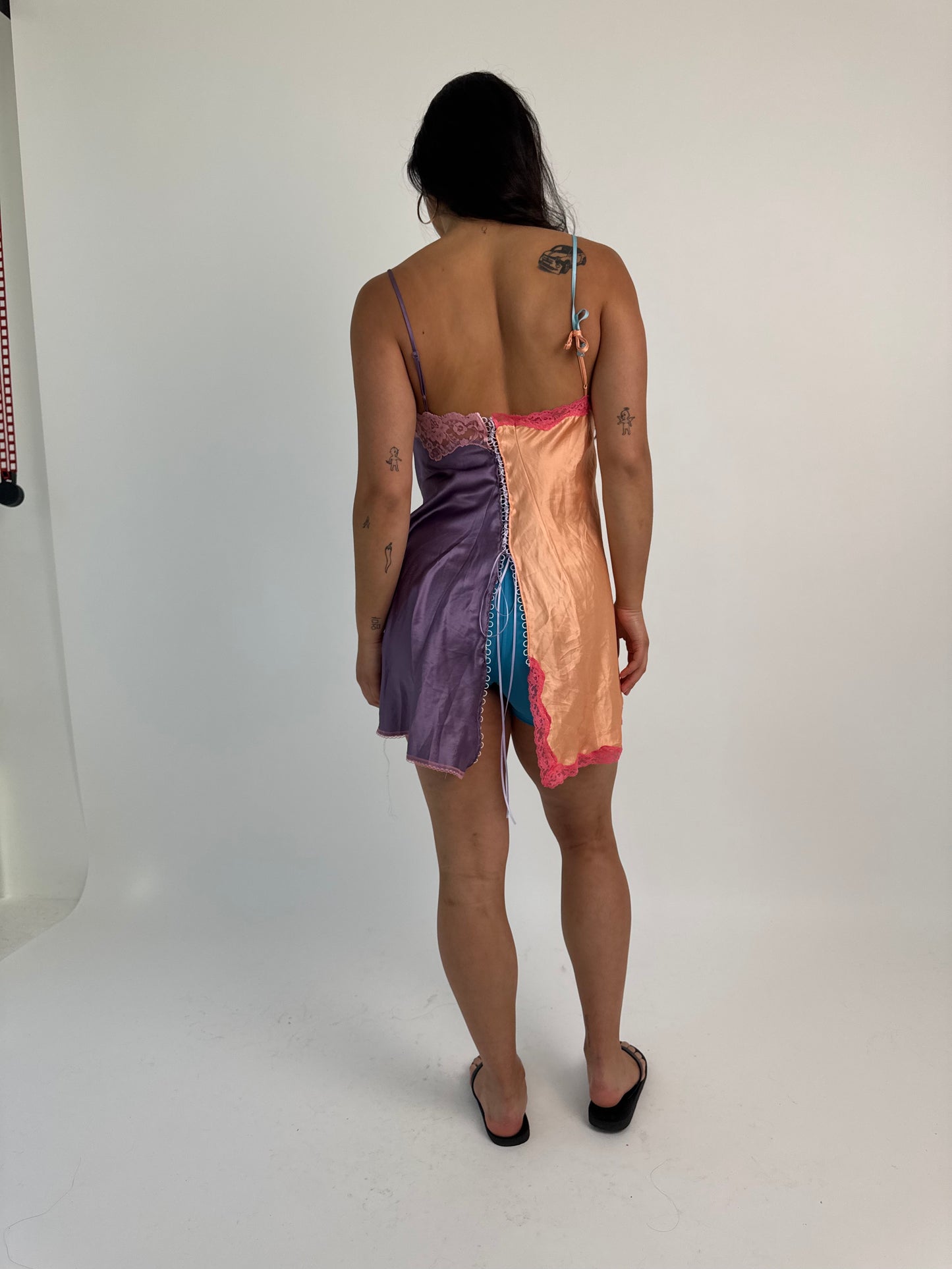 Upcycled blue and purple one-shoulder top