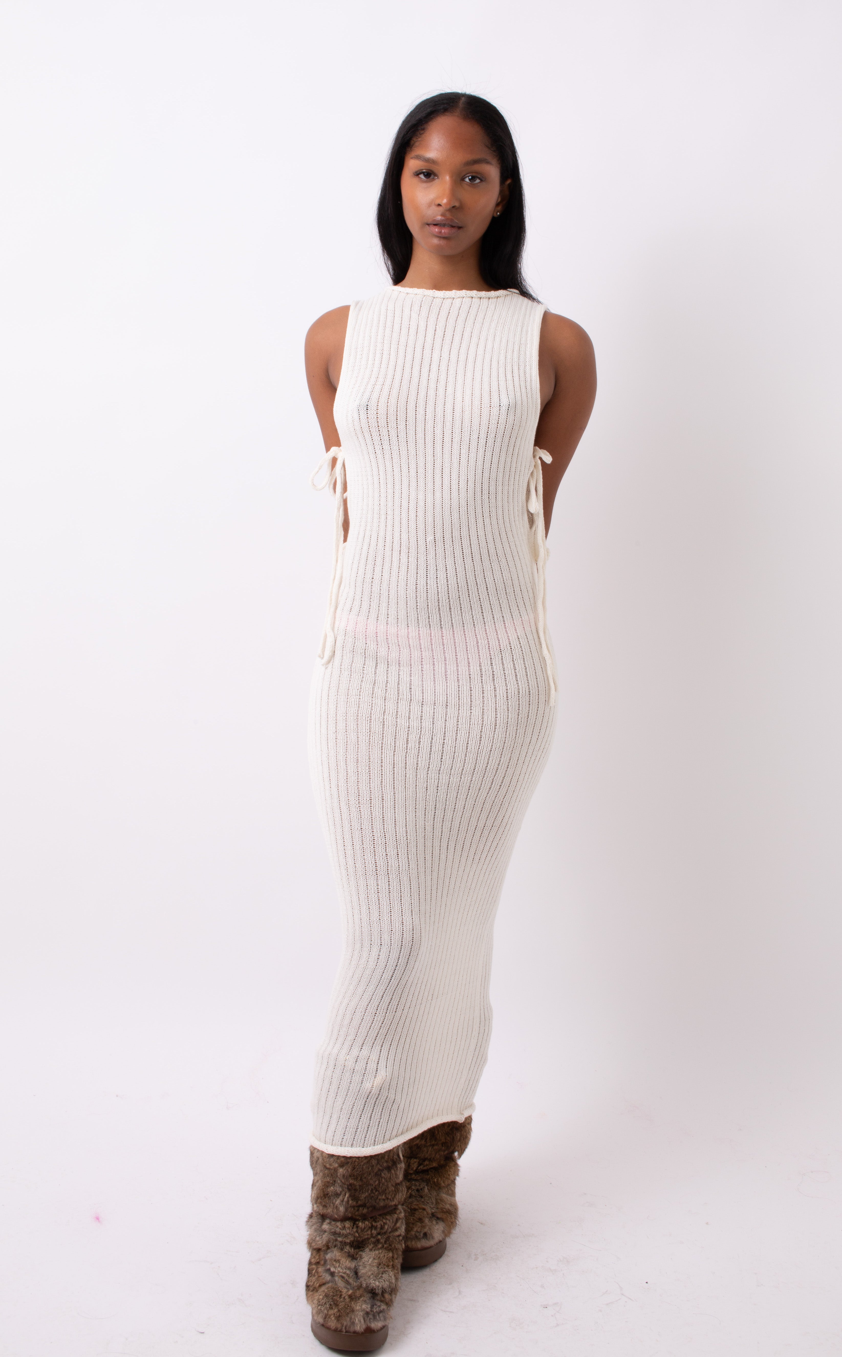 Cream ribbed best sale midi dress