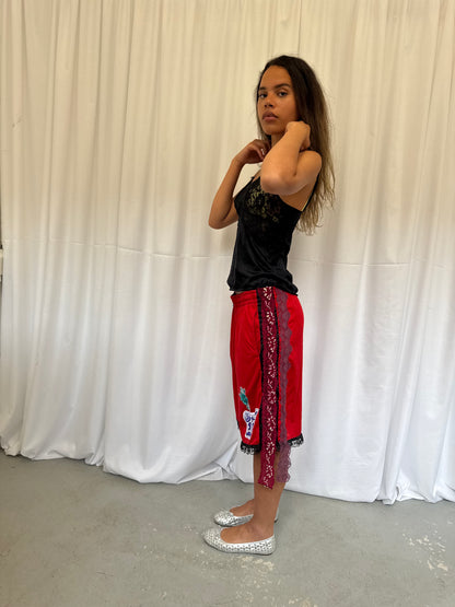 Red shorts with burgundy lace