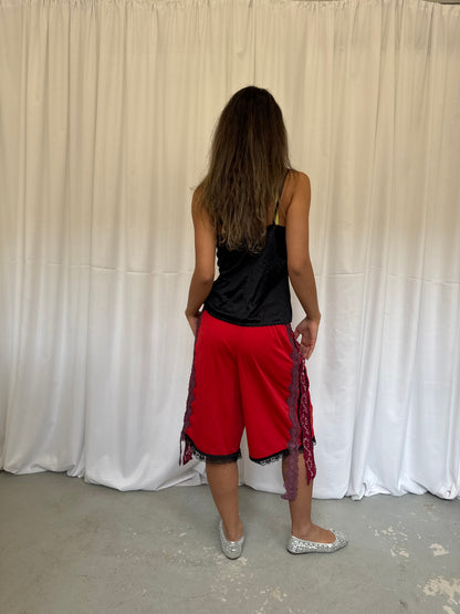 Red shorts with burgundy lace