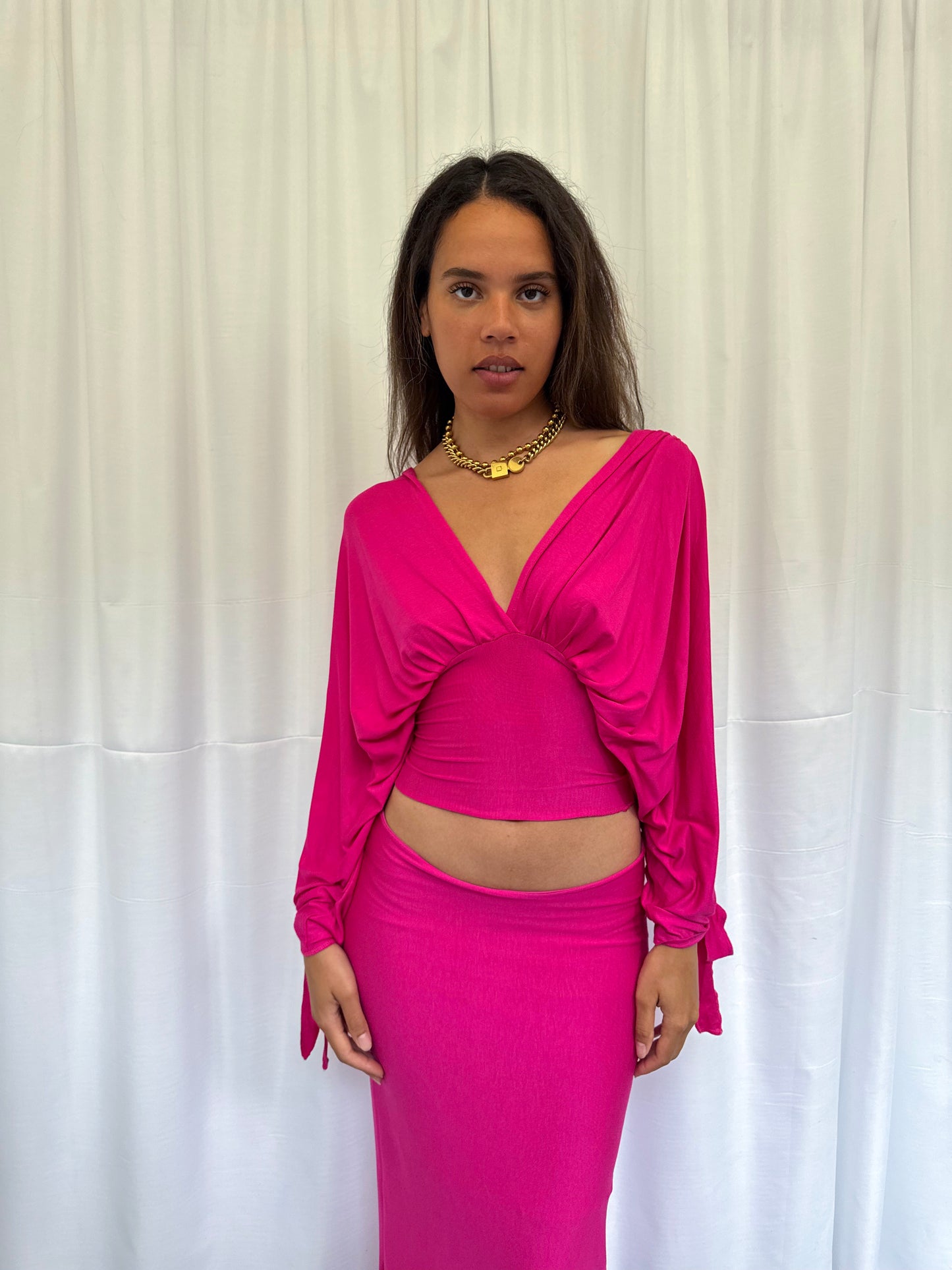 Hot Pink Long-sleeve Drape Top