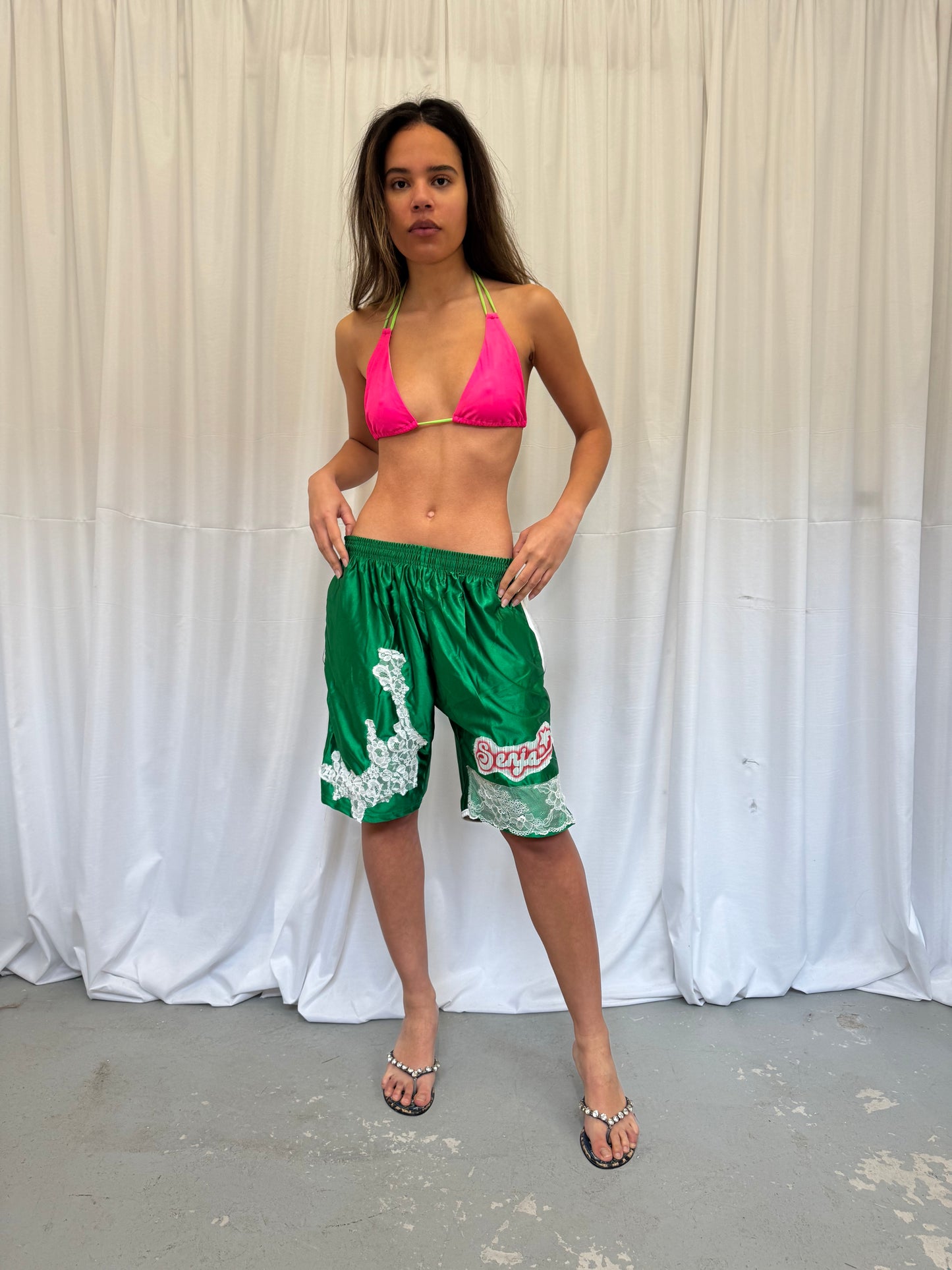 Green Basketball Shorts with White Lace Trim