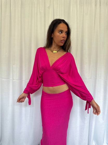Hot Pink Long-sleeve Drape Top