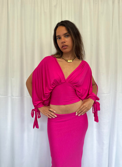Hot Pink Long-sleeve Drape Top
