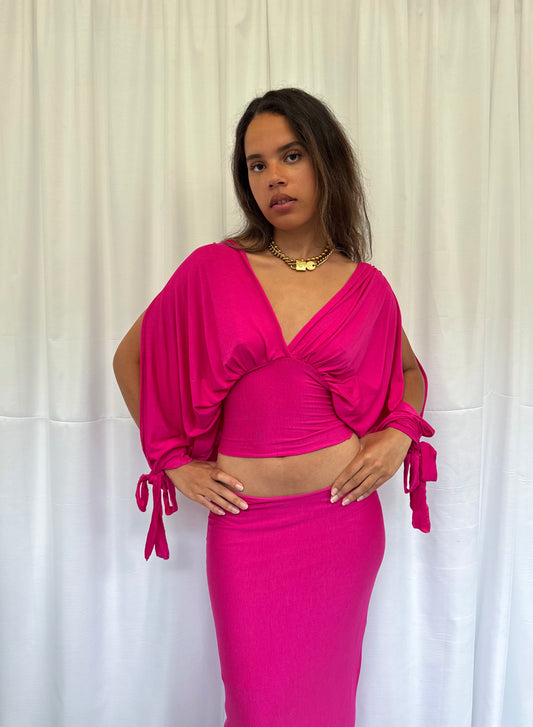 Hot Pink Long-sleeve Drape Top