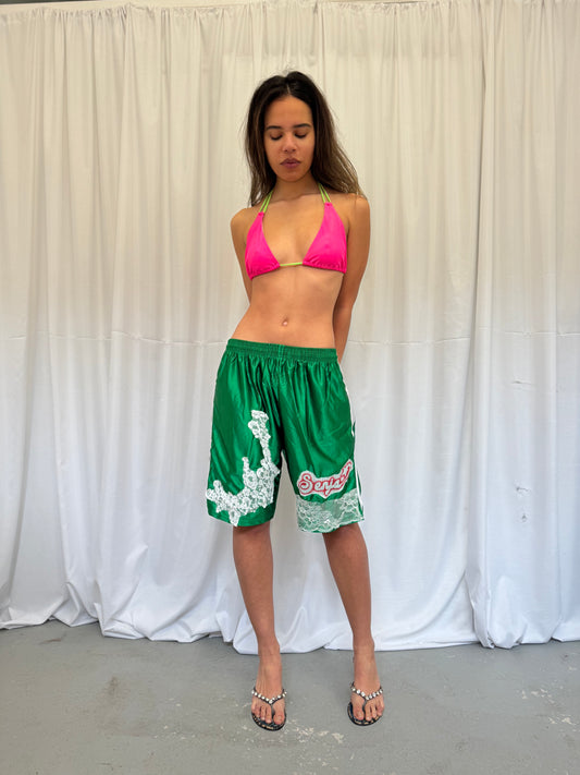 Green Basketball Shorts with White Lace Trim