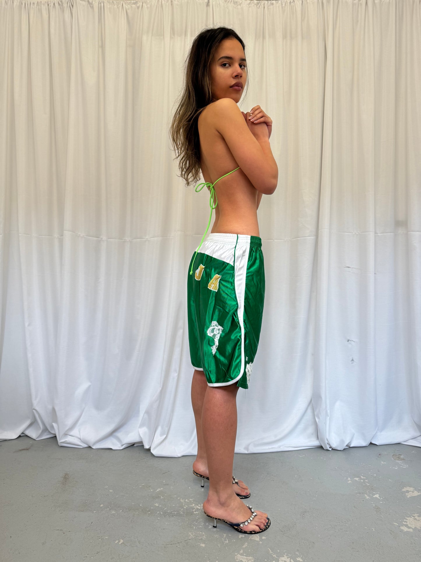 Green Basketball Shorts with White Lace Trim