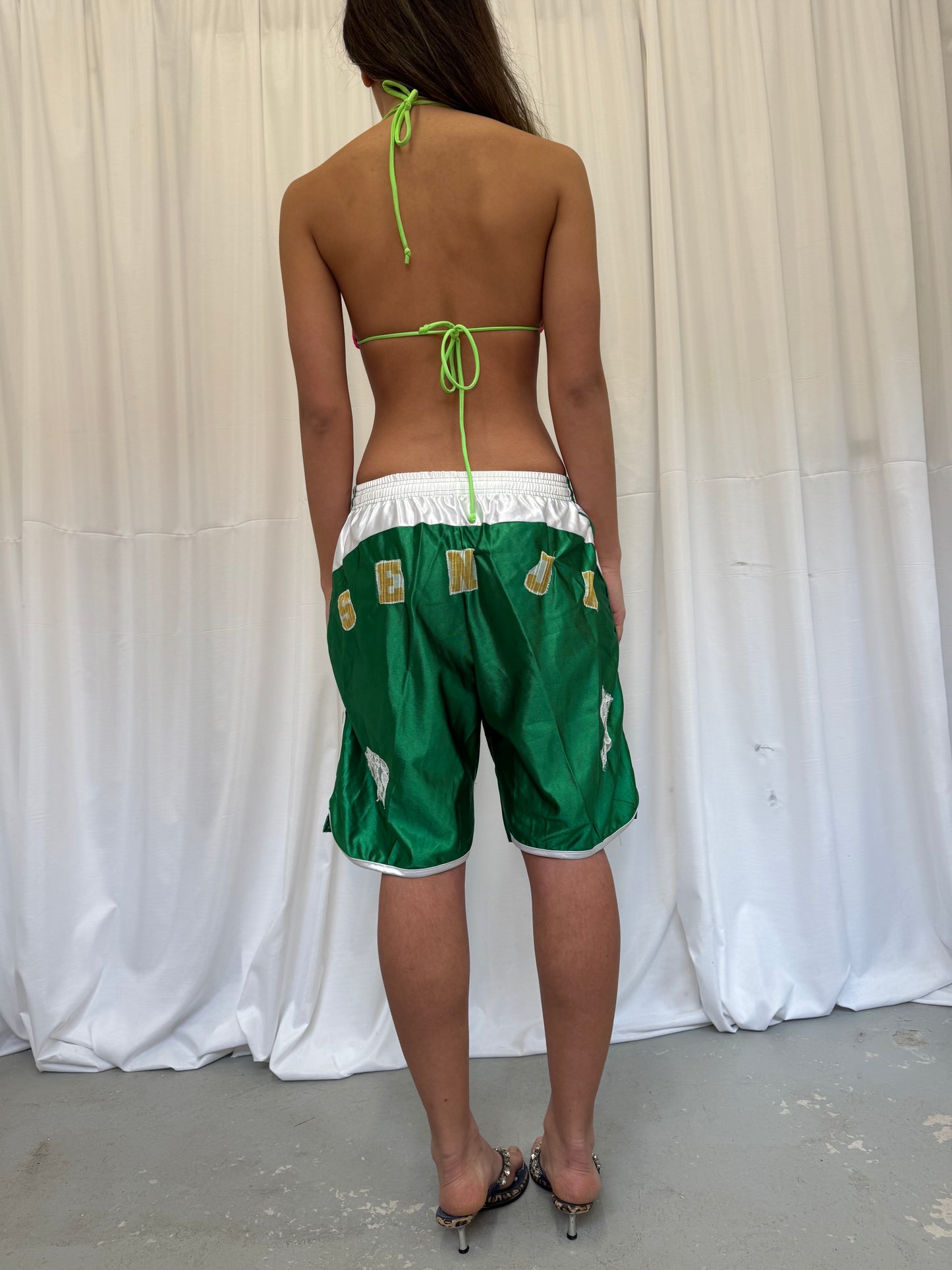 Green Basketball Shorts with White Lace Trim