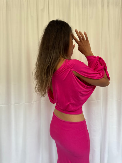 Hot Pink Long-sleeve Drape Top