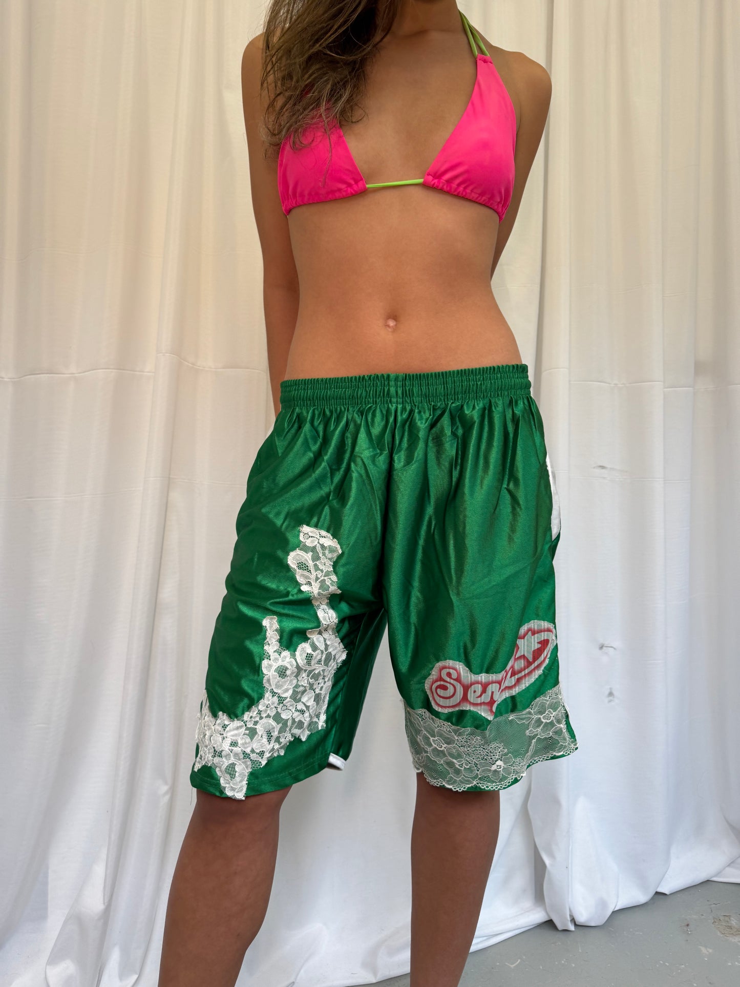 Green Basketball Shorts with White Lace Trim