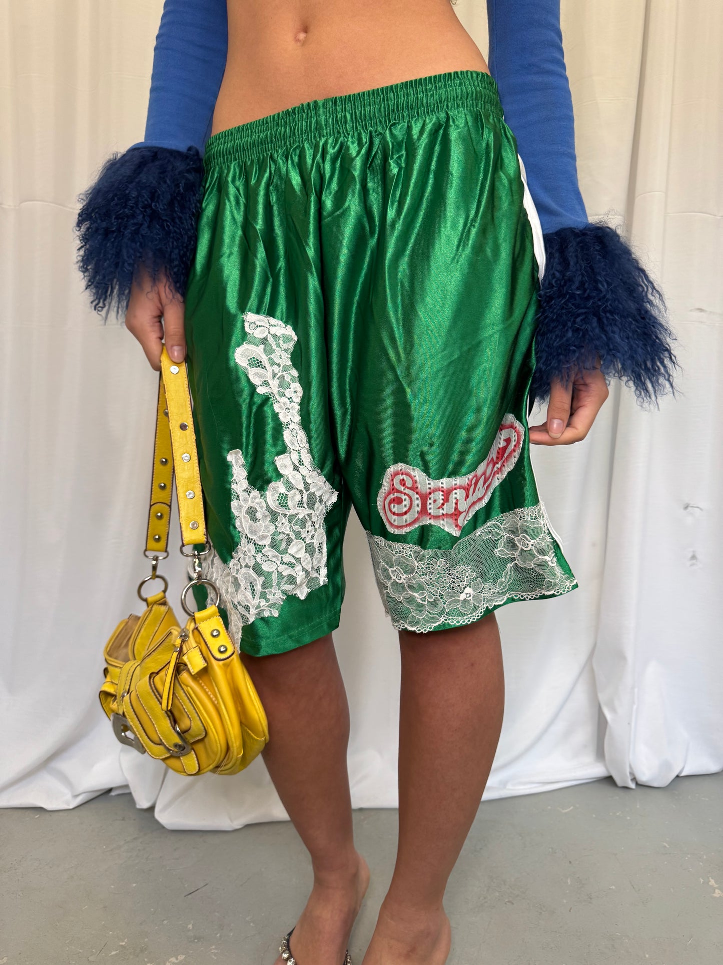 Green Basketball Shorts with White Lace Trim