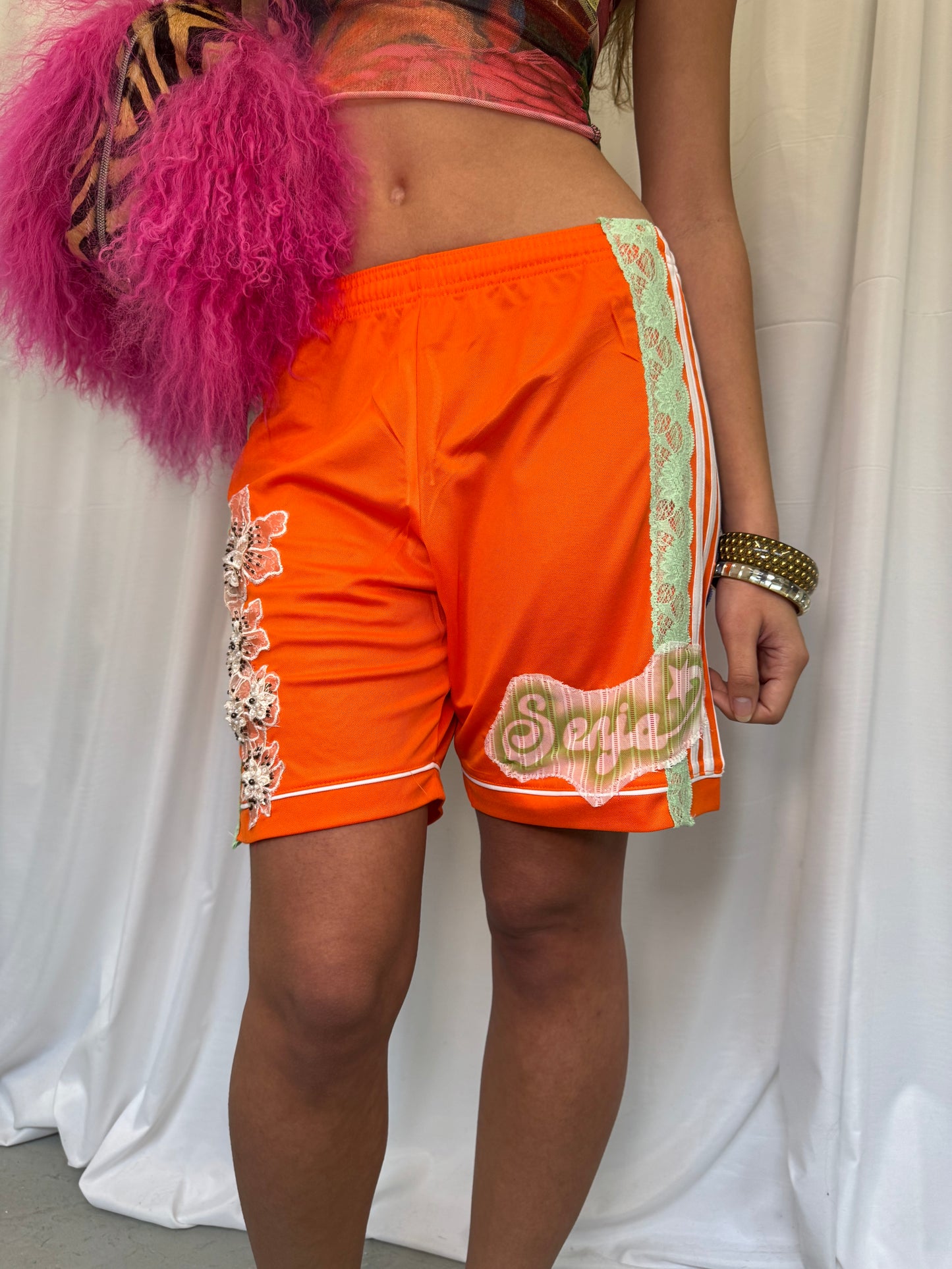 Orange Shorts with Green Lace Trim