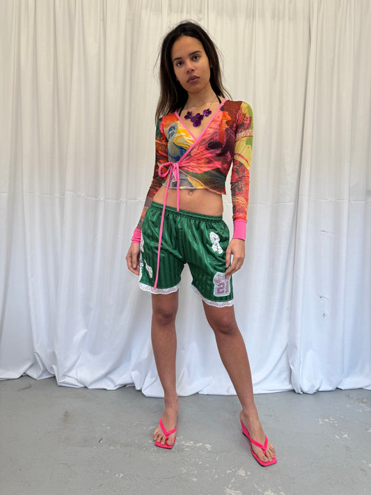 Dark Green Shorts with White Lace Trim