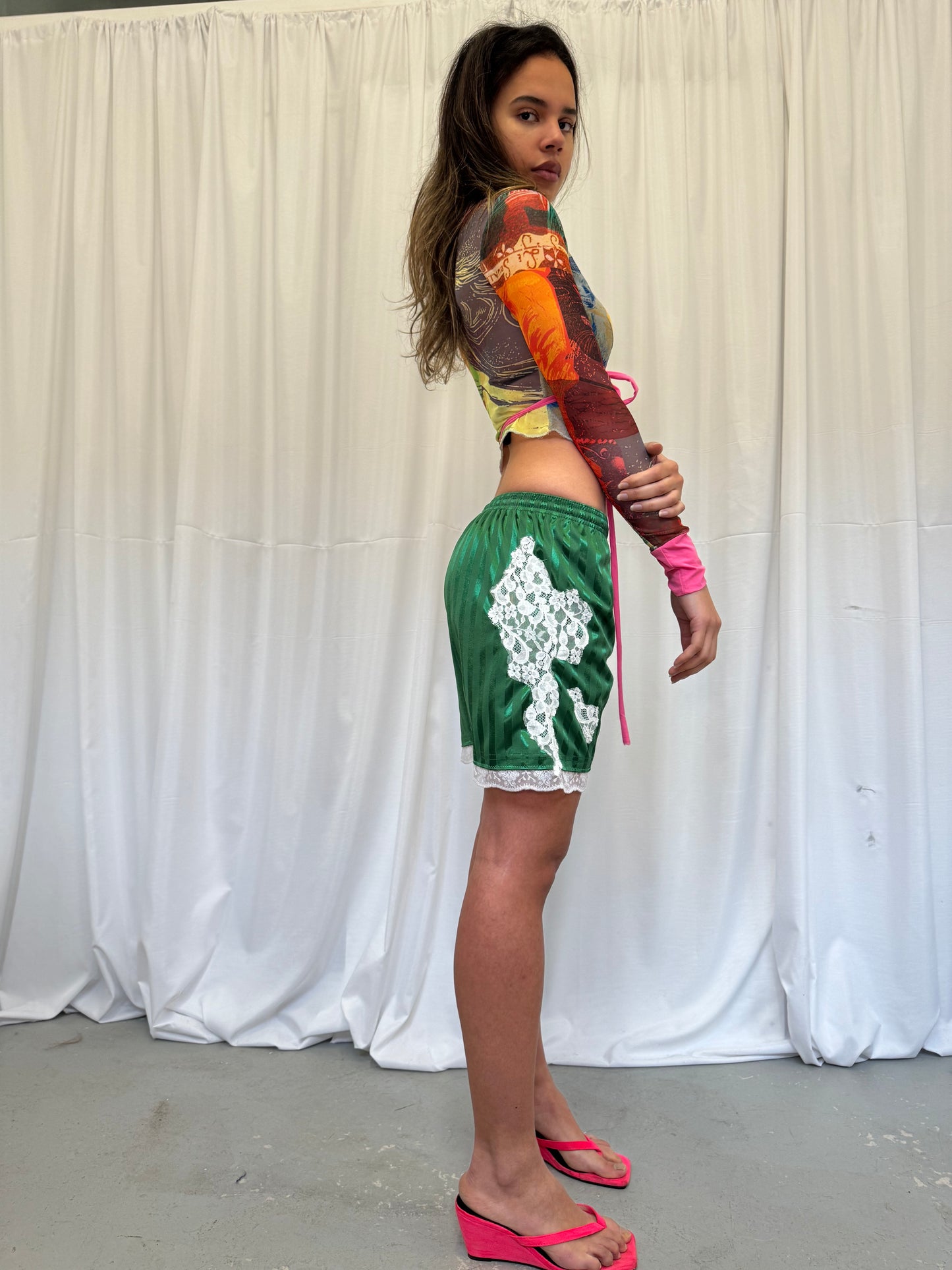 Dark Green Shorts with White Lace Trim