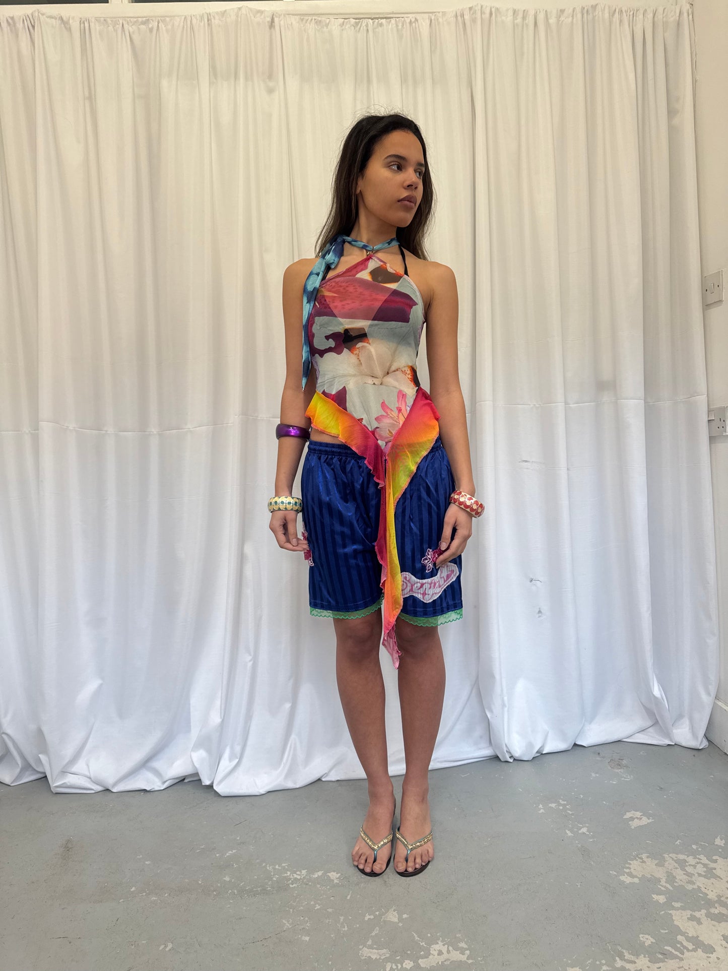 Blue Shorts with Green Lace Trim