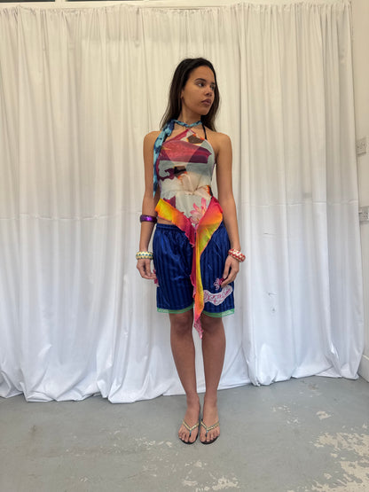 Blue Shorts with Green Lace Trim