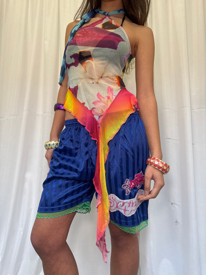 Blue Shorts with Green Lace Trim